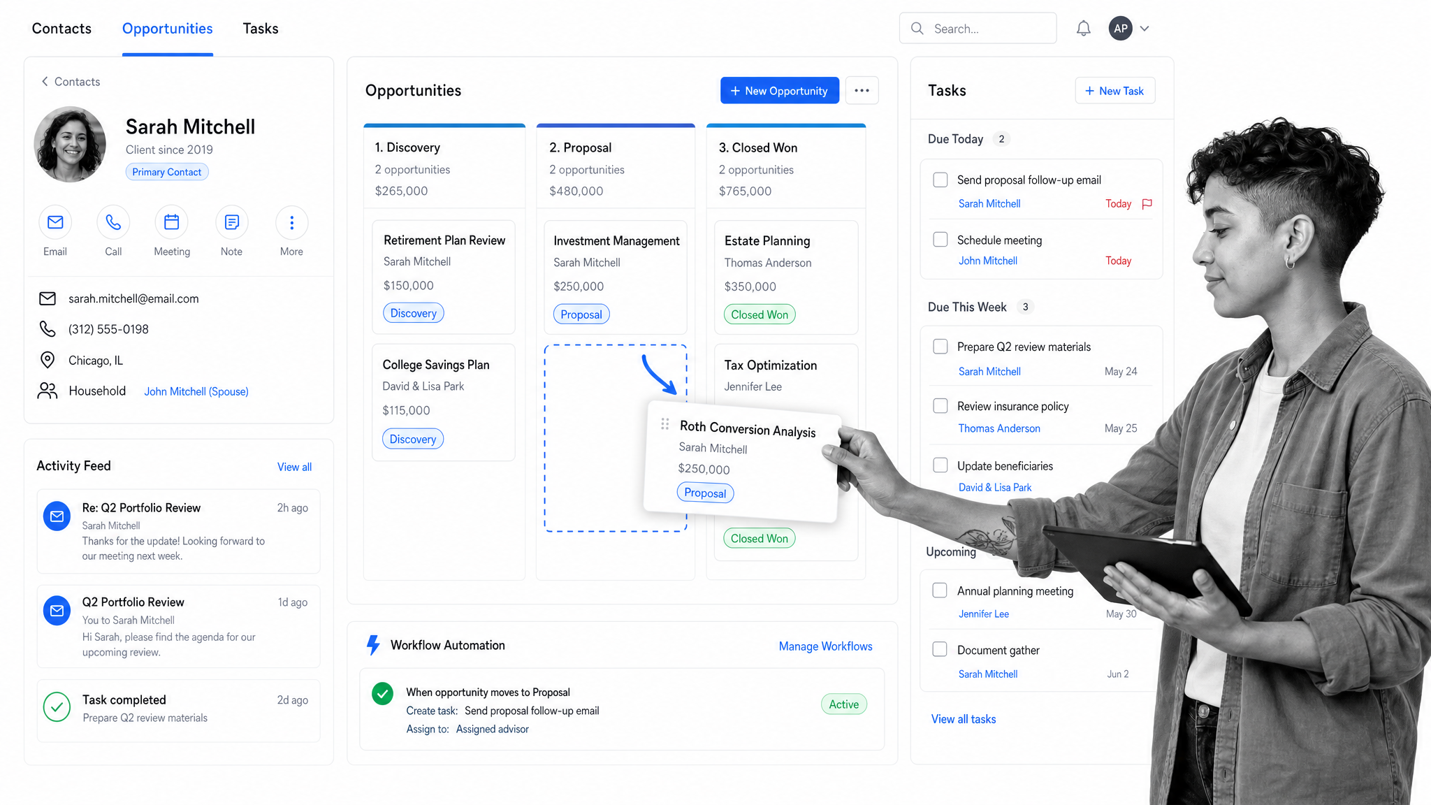 Wealthbox advisor CRM with a client contact record, opportunity pipeline, and tasks