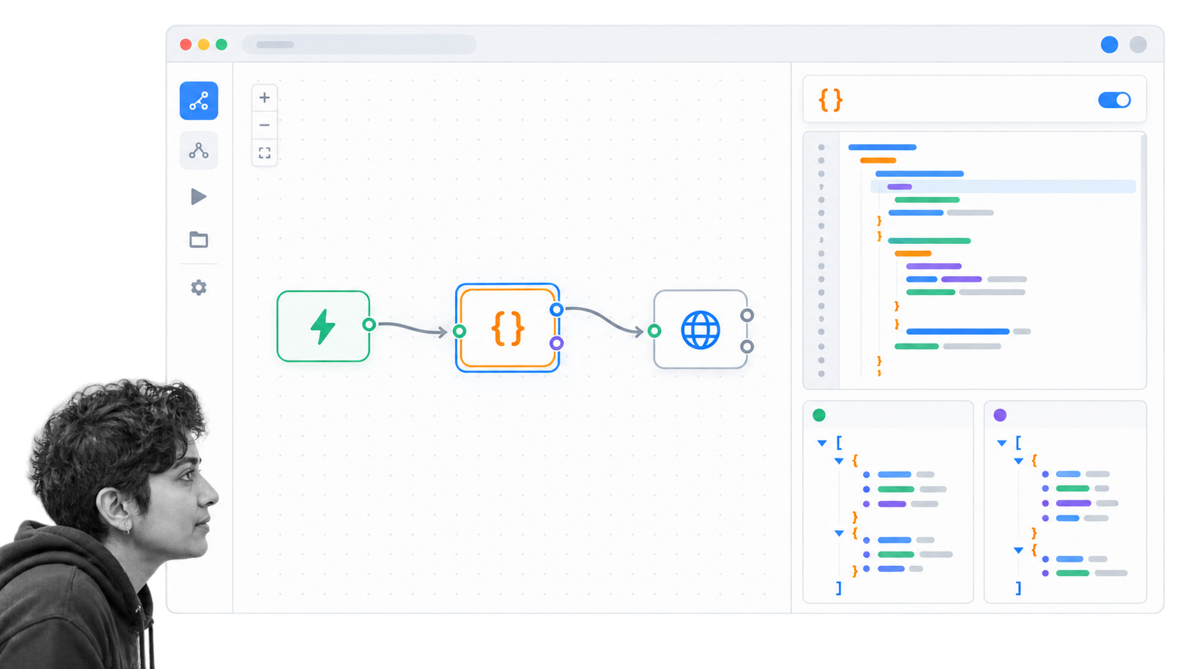 n8n-style node workflow with a selected code transformation and data panels