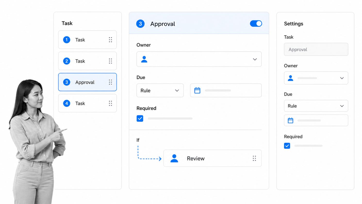 Workflow creator control surface with a selected approval task, owner, due rule, required field, and conditional branch