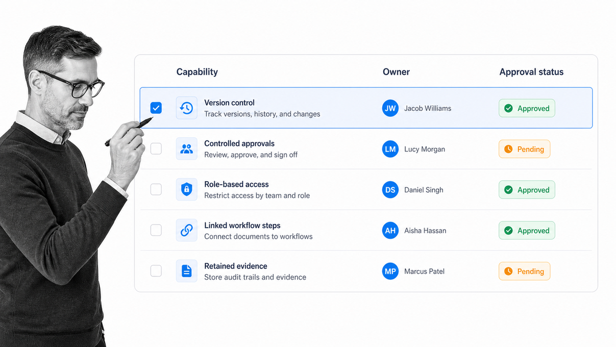 Document control feature checklist with version control row and approval status column