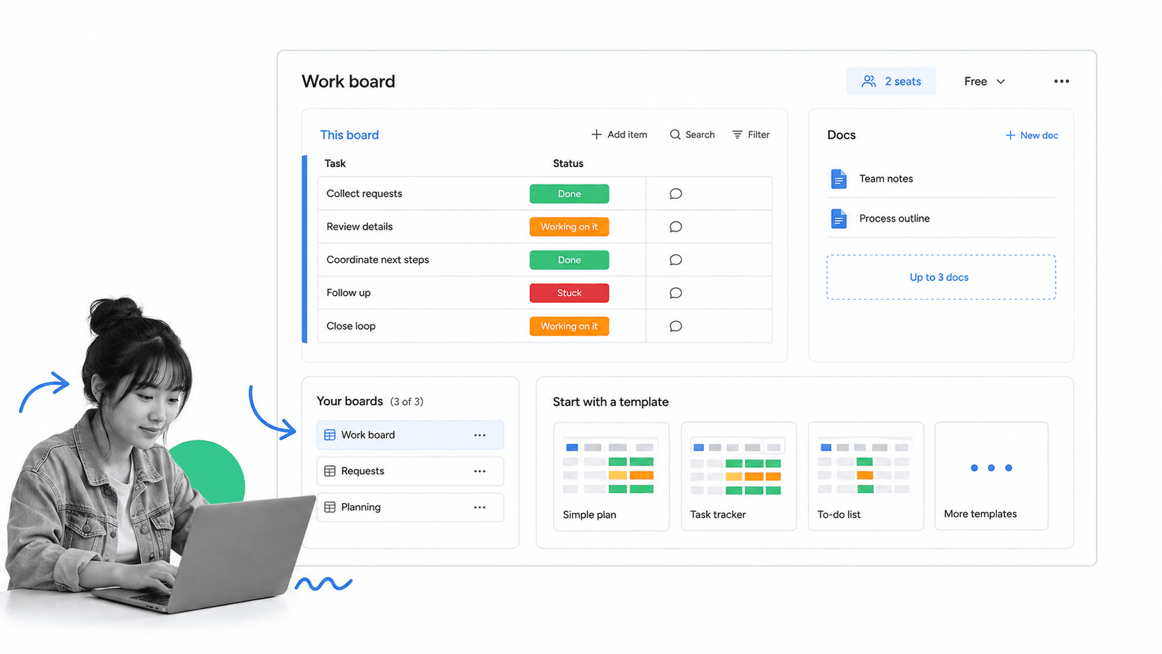 monday.com work board with docs widget, template tiles, and status columns