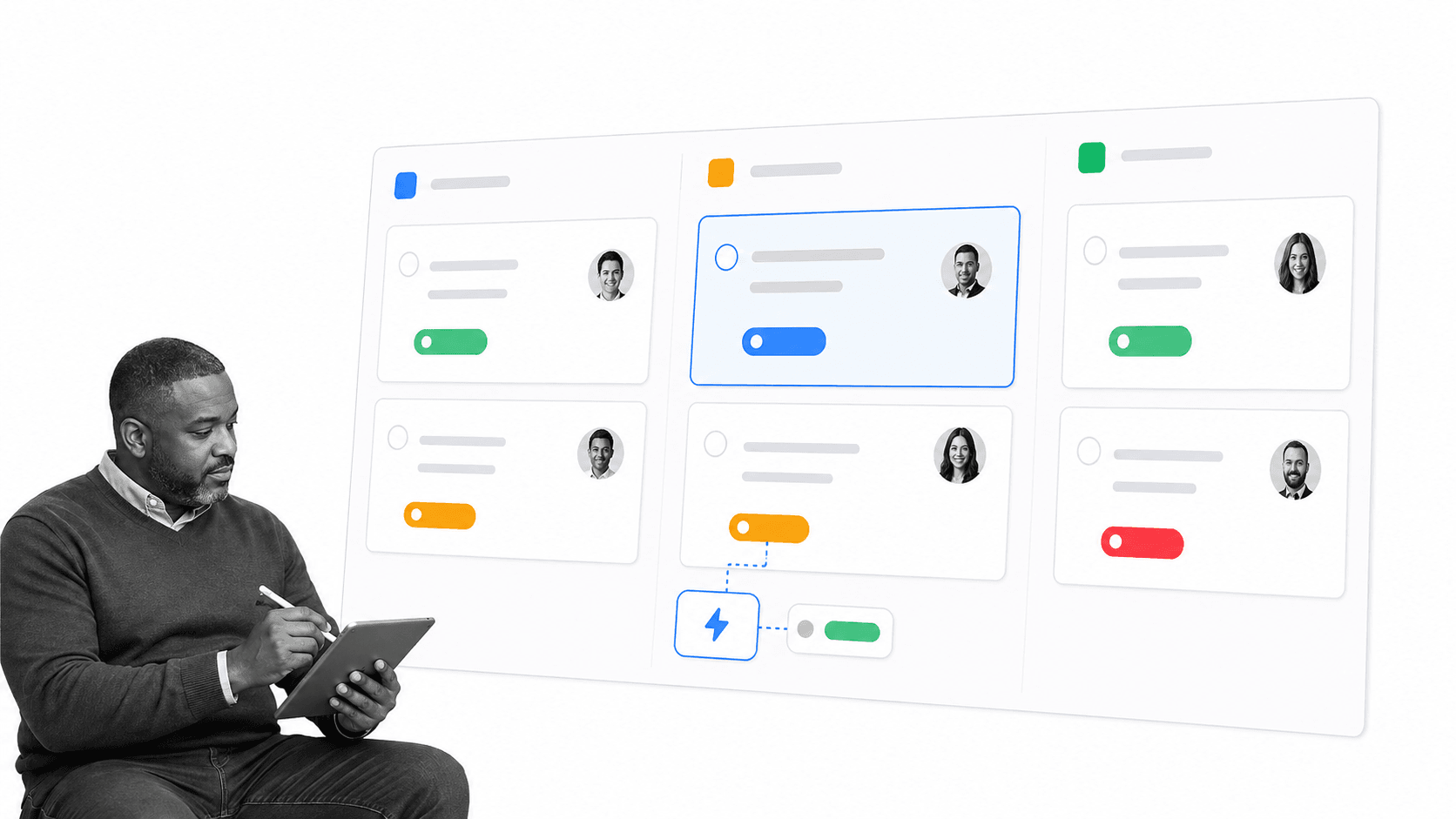 monday.com workflow board with statuses, owners, automation rule, and approval card