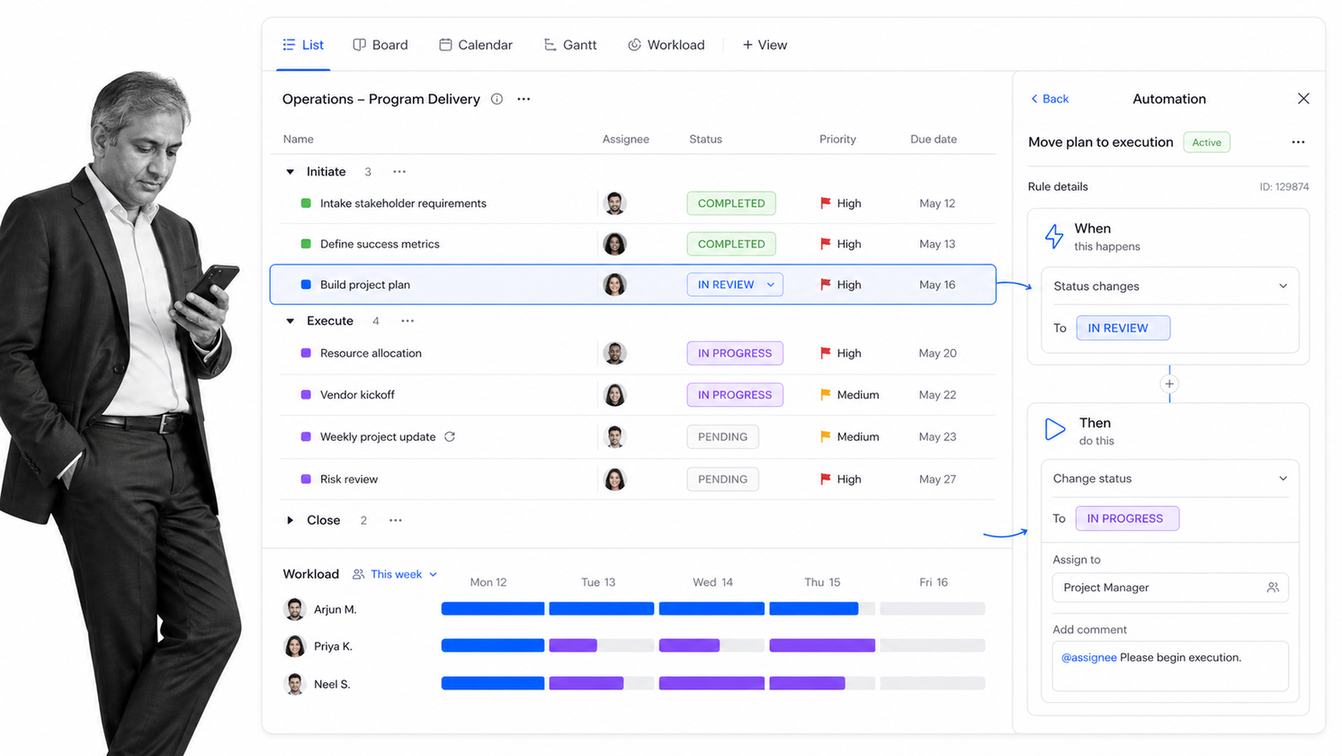 ClickUp work management surface with custom statuses, automation rule, tasks, and workload timeline