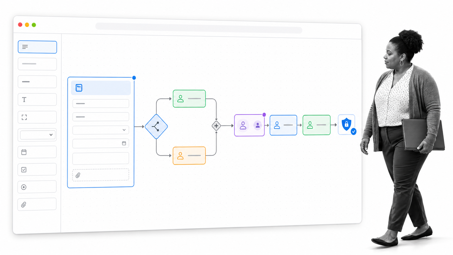 Kissflow no-code process designer with intake, dynamic routing, approvals, and governance