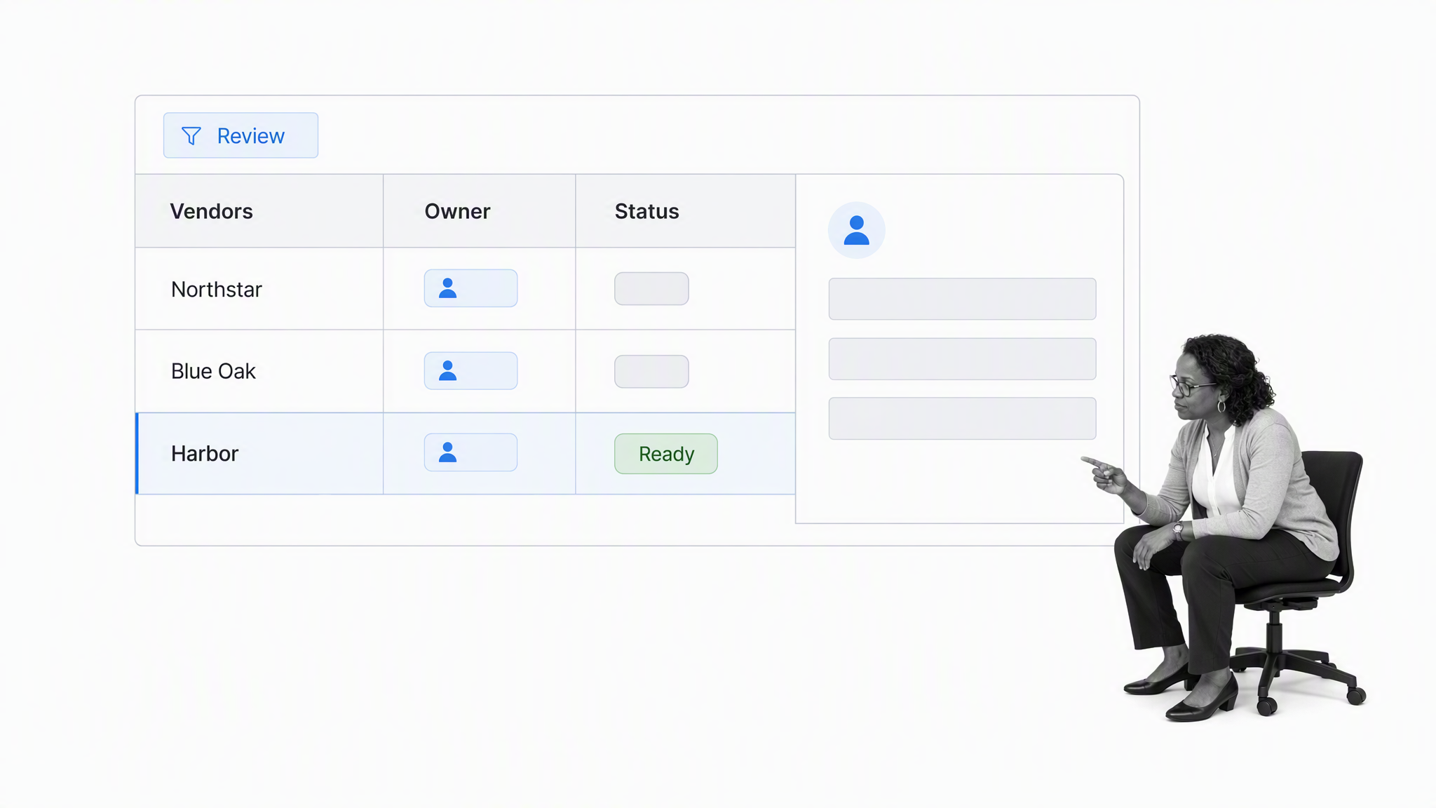 Operational vendor data grid with filtered review status