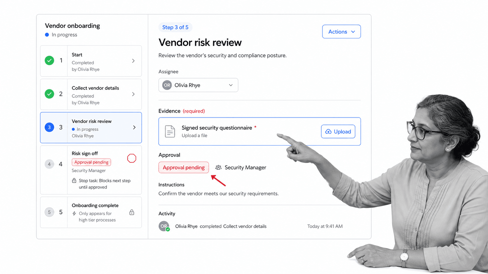 Process Street workflow run task screen showing a vendor risk review task with a required evidence field and an approval pending gate