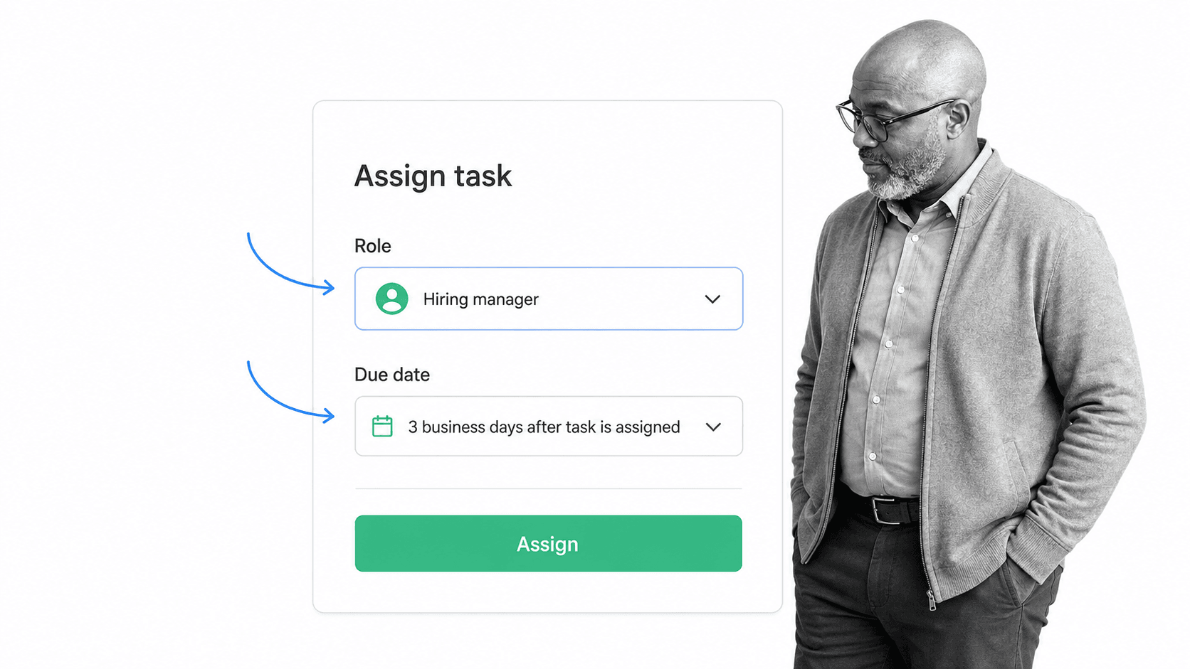 Task assignment panel with role and due date controls