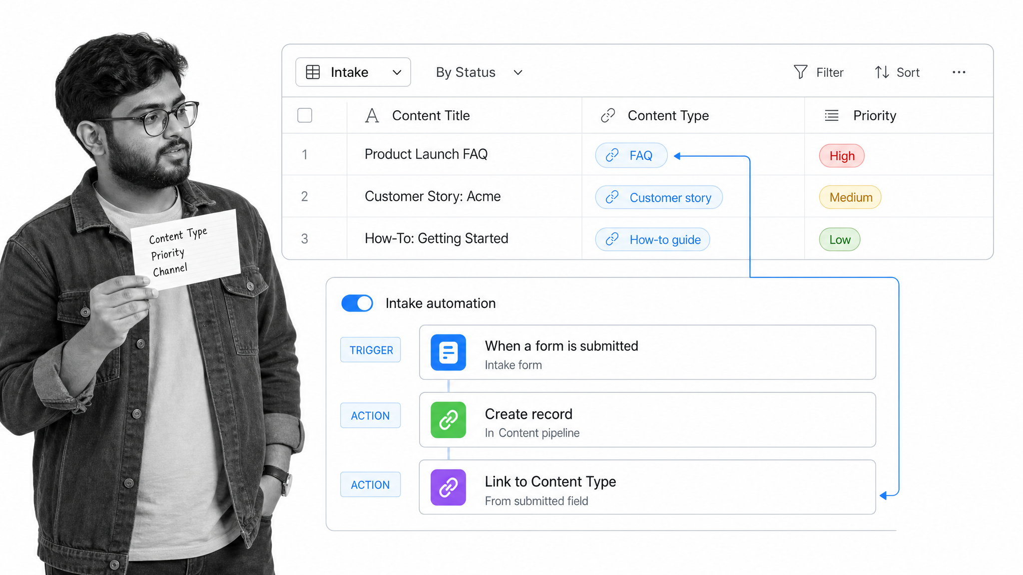 Airtable record grid and automation builder illustrating its workflow management approach