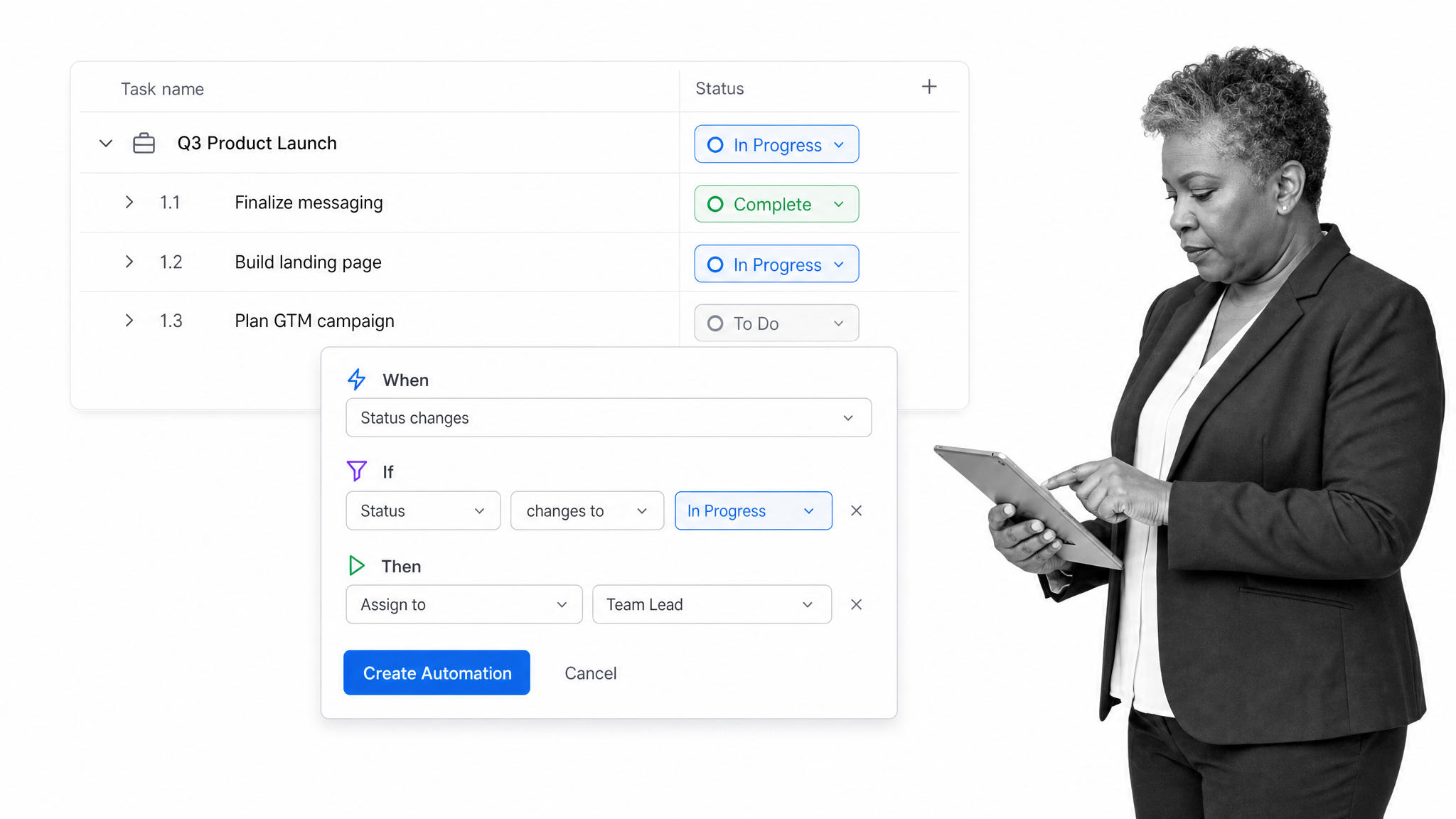 ClickUp automation modal over task list illustrating its workflow management approach
