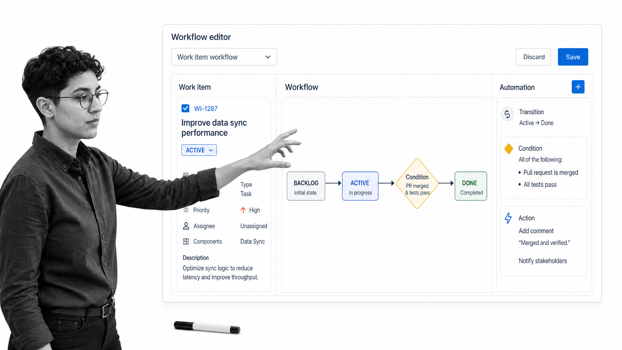 Jira work item workflow editor illustrating its workflow management approach