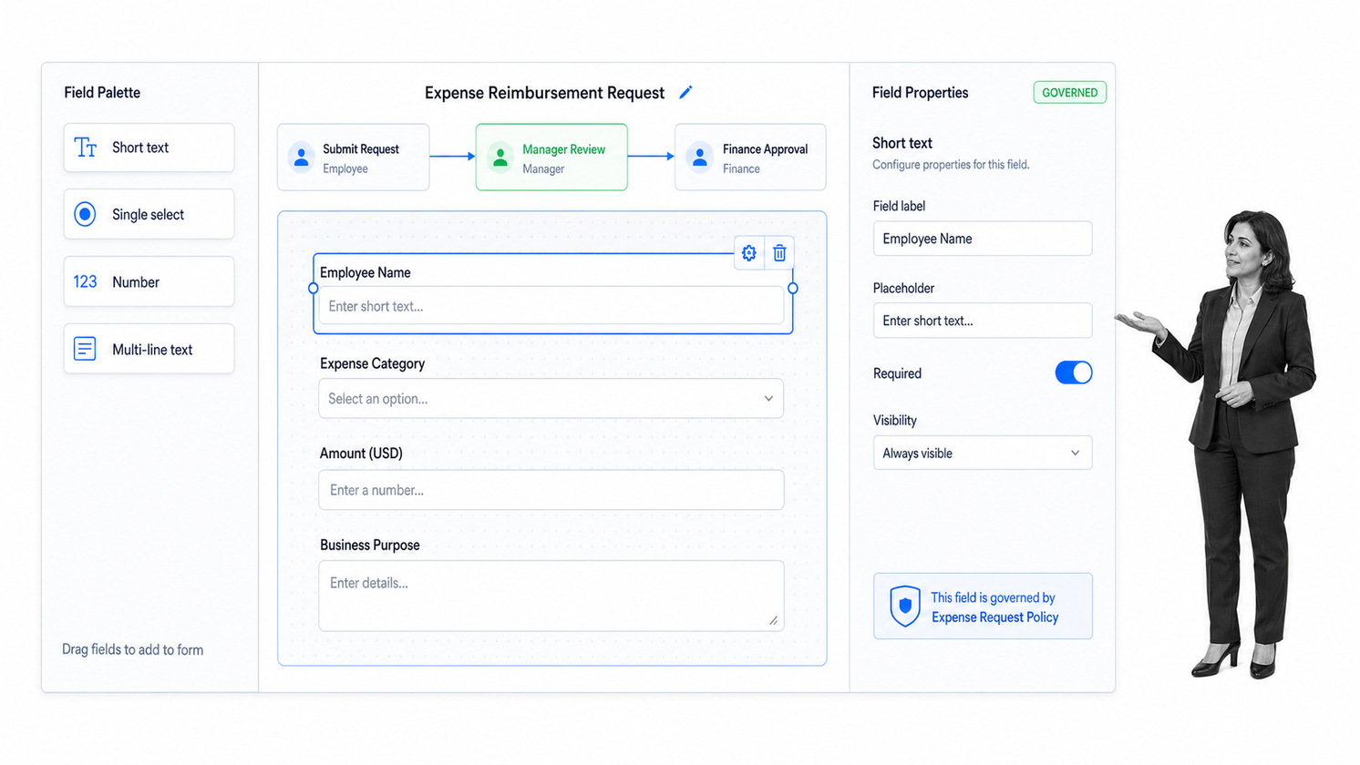Kissflow low-code app builder with a request form and approval workflow