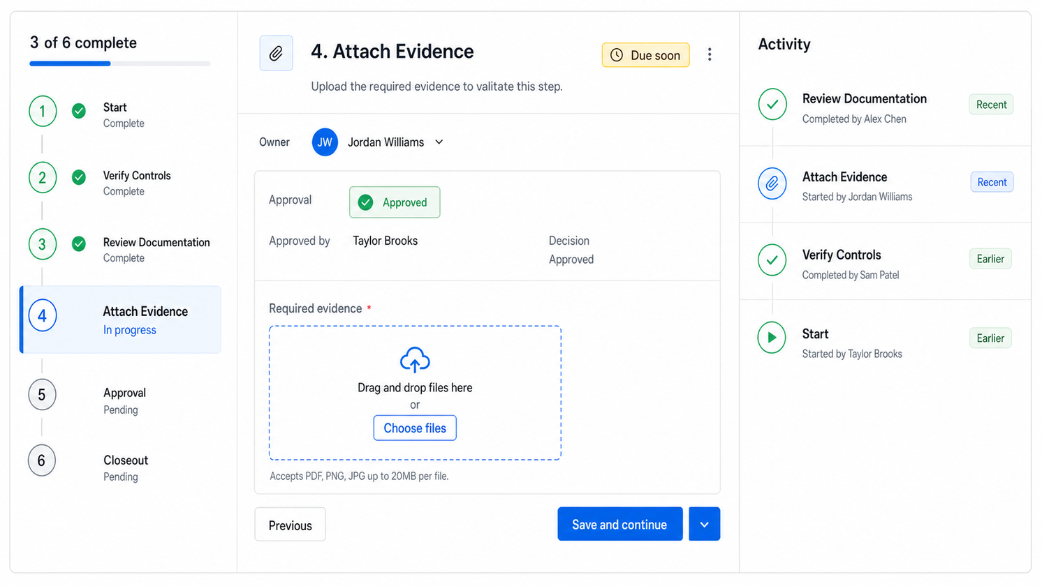 Process Street workflow run with a required evidence task, approval state, and activity history