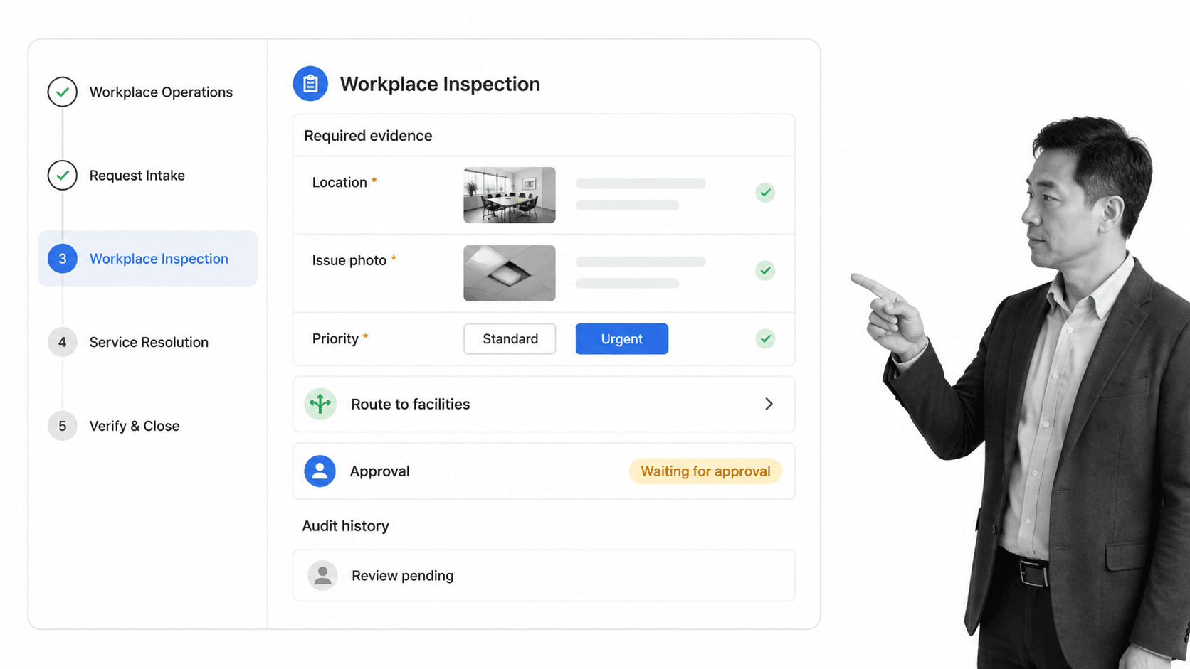 Process Street workplace inspection workflow with evidence, urgent routing, approval, and audit history