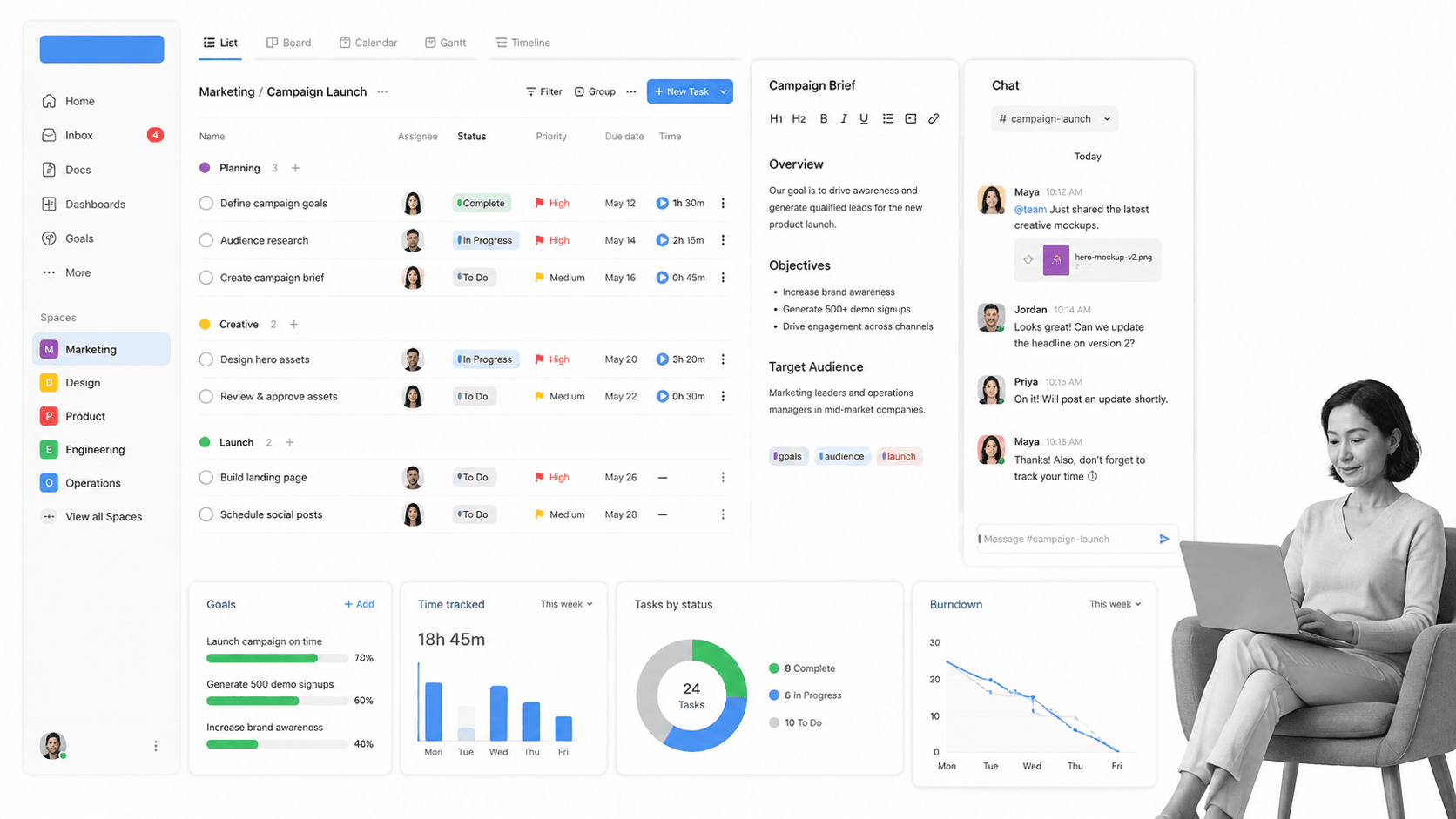 ClickUp product surface for teams consolidating tasks, docs, chat, goals, and project views