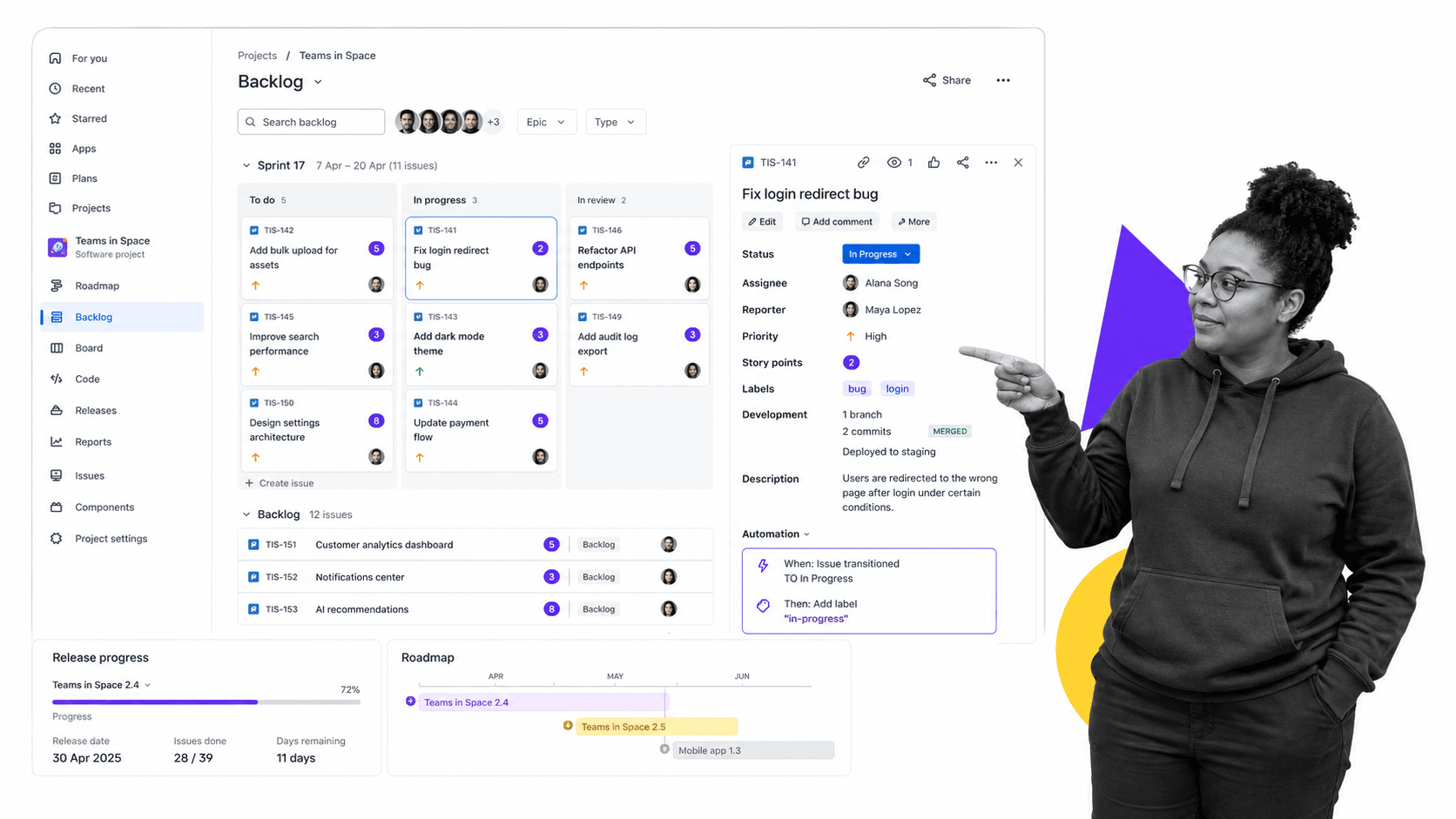 Jira product surface for software teams using Scrum, Kanban, backlogs, and issue workflows
