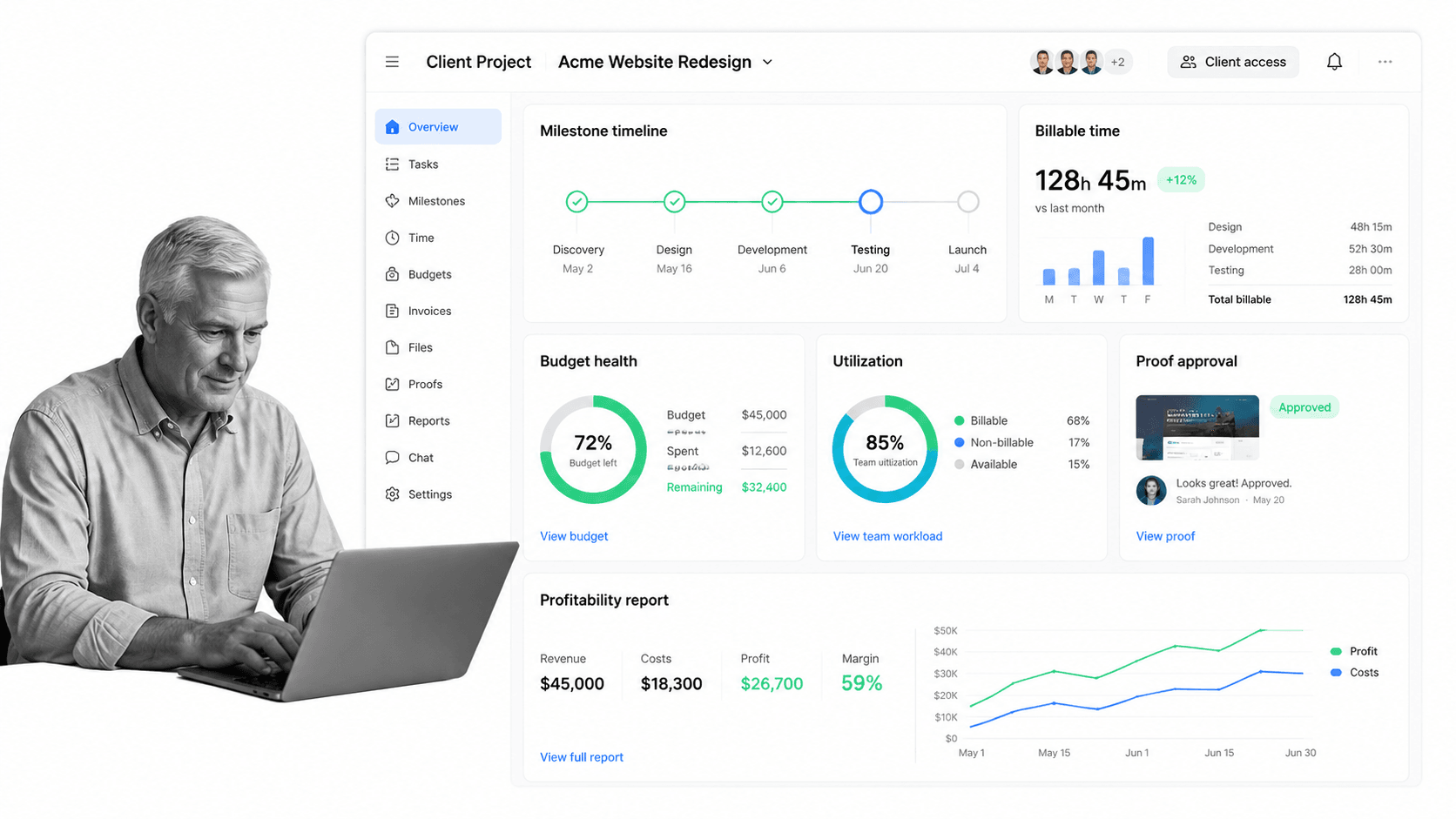 Teamwork.com product surface for client-service teams tracking delivery, time, budgets, and profitability