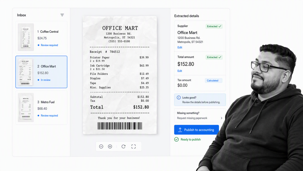 Dext document inbox with receipt capture, extracted fields, review status, and accounting handoff