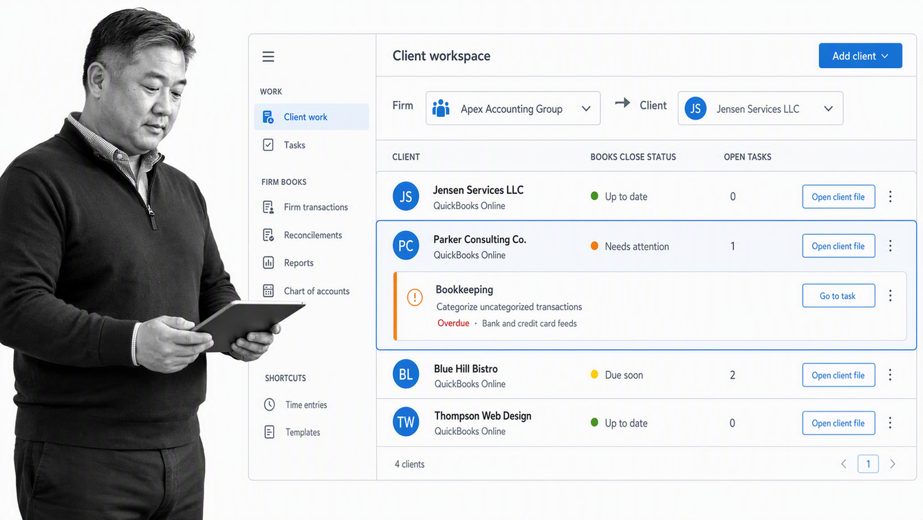 Intuit Accountant Suite client dashboard with client files, accountant work, and books-close status