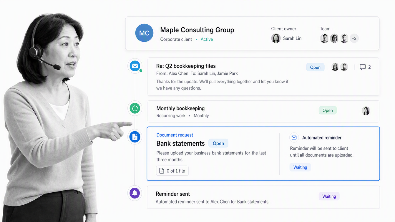 Karbon client timeline connecting email, recurring accounting work, document requests, and reminders