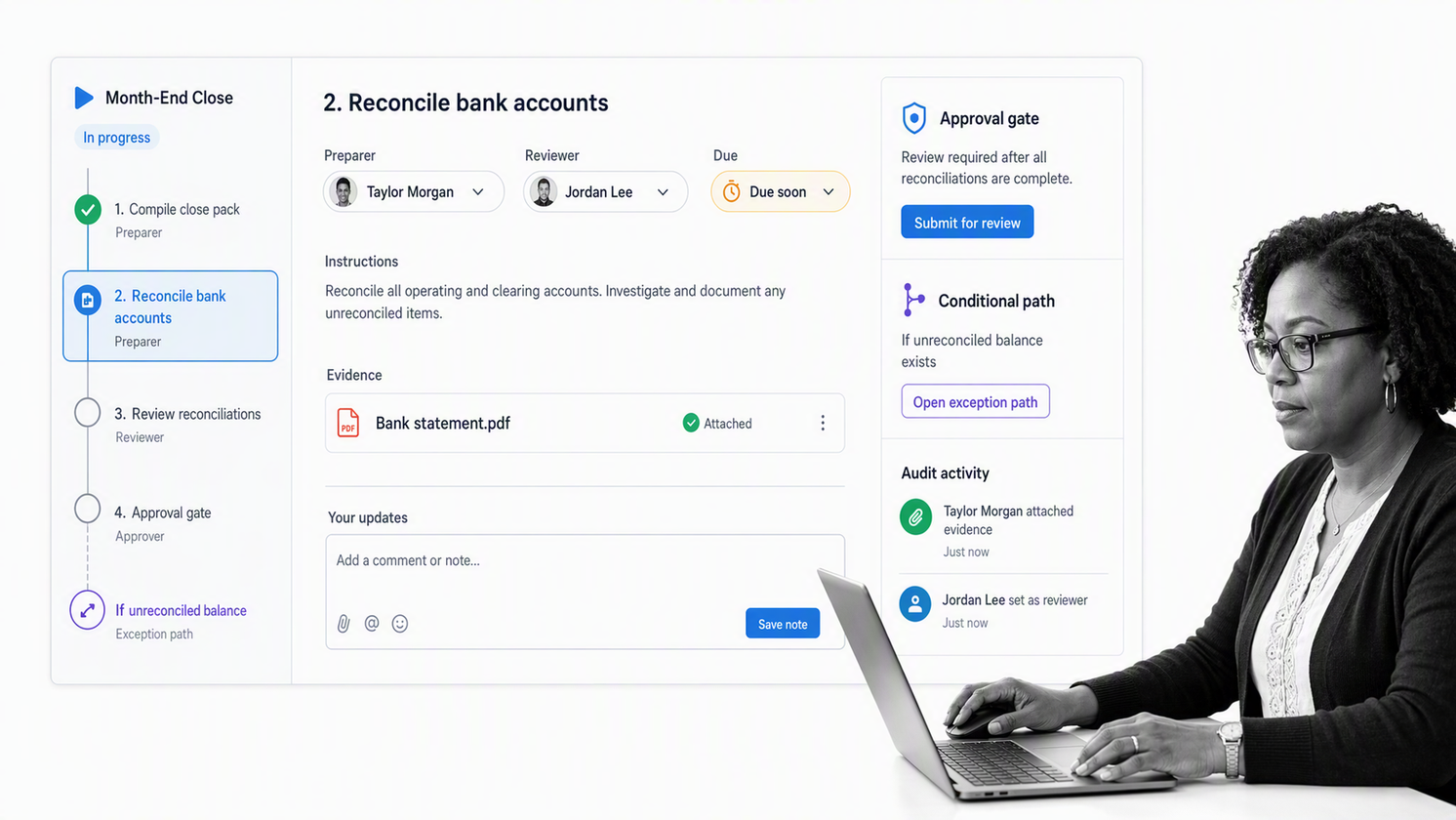 Process Street month-end close workflow with reconciliation review, approval gate, and audit evidence