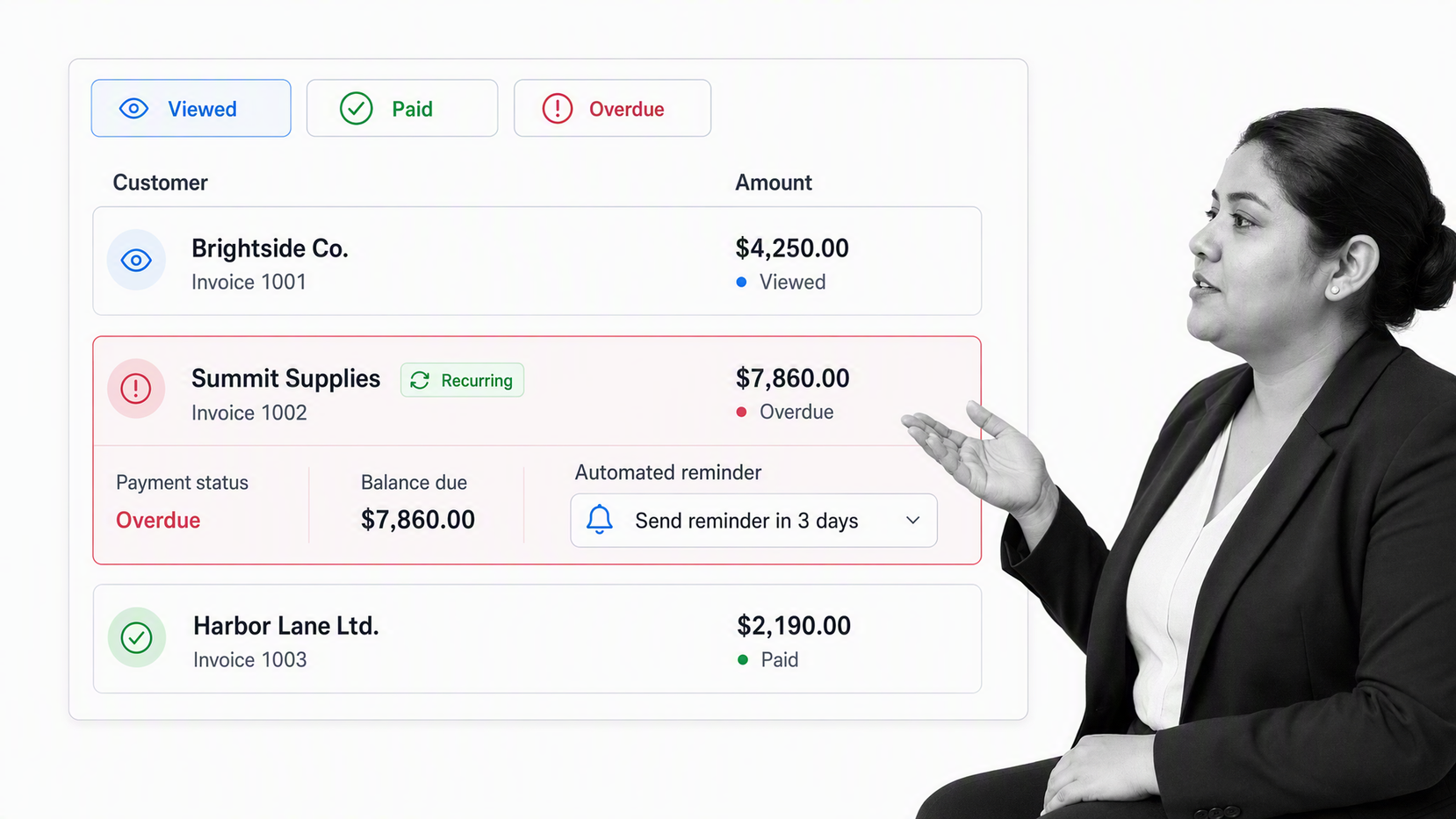 Sage Accounting invoice pipeline with recurring billing, payment status, and reminder controls