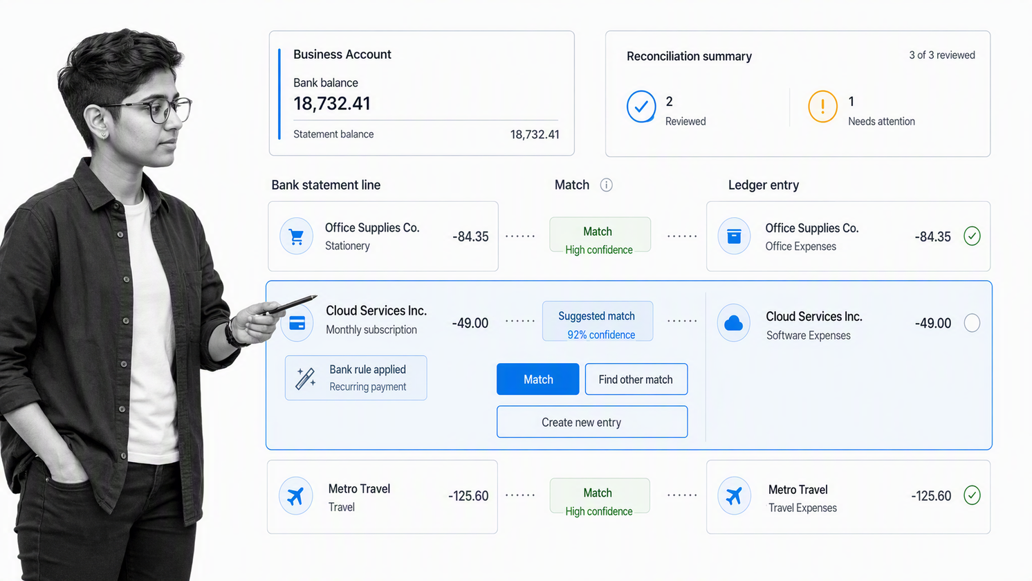 Xero bank reconciliation workspace with transaction matches, bank rules, and balance review