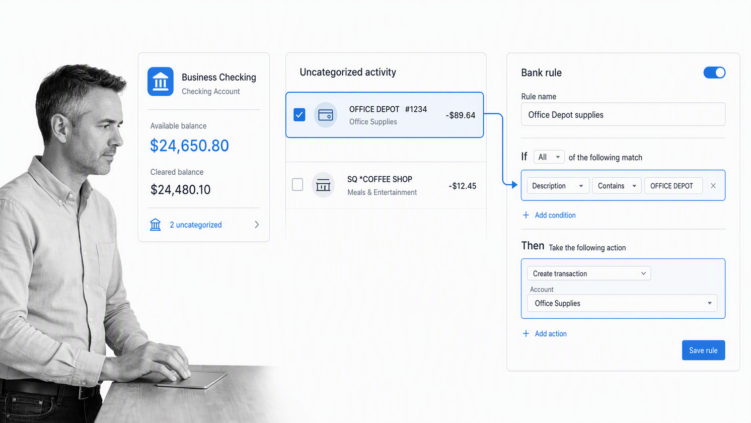 Zoho Books banking dashboard with transaction matching and configurable bank rules