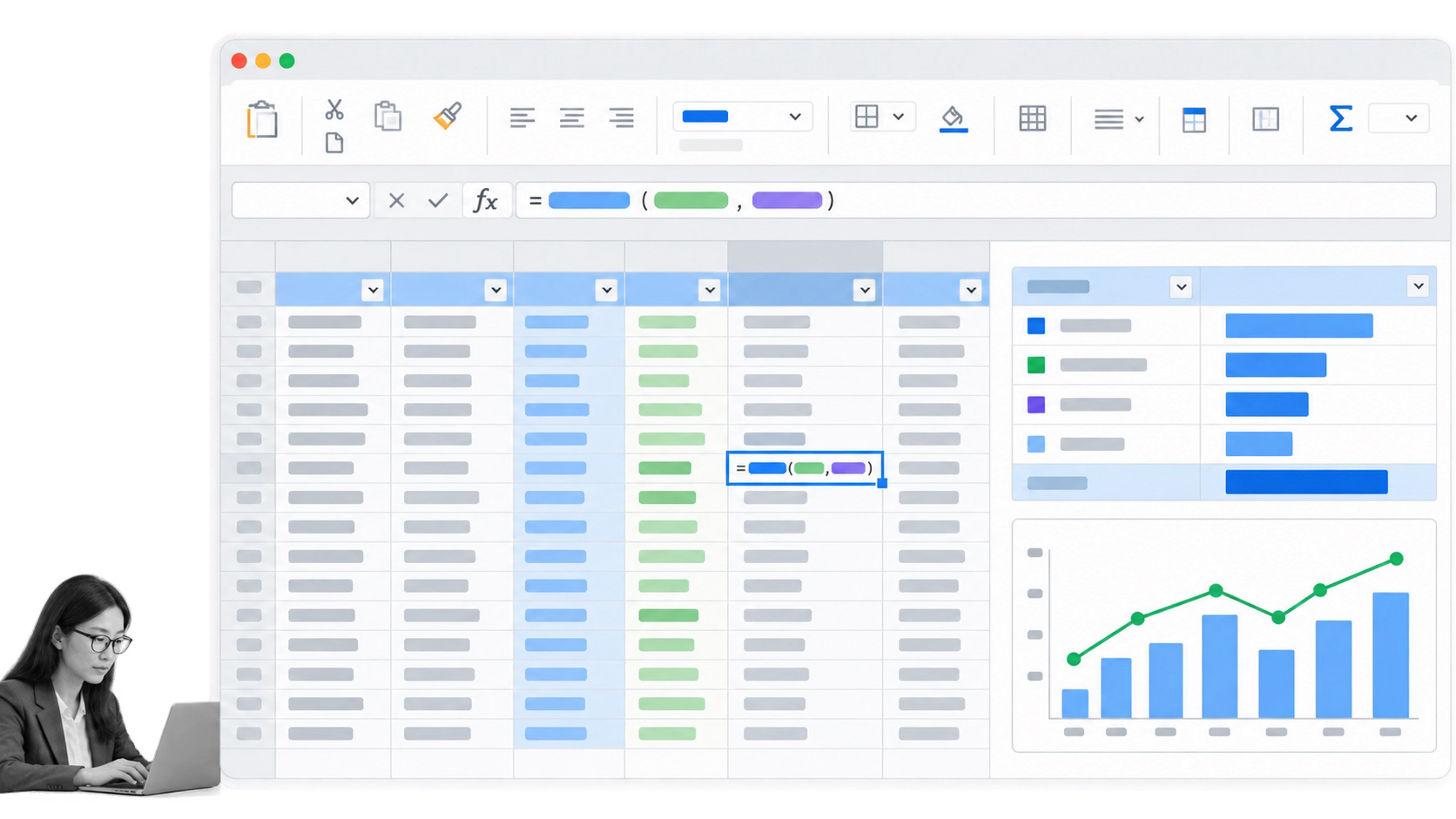 Advanced spreadsheet analysis with formulas, filters, and charts