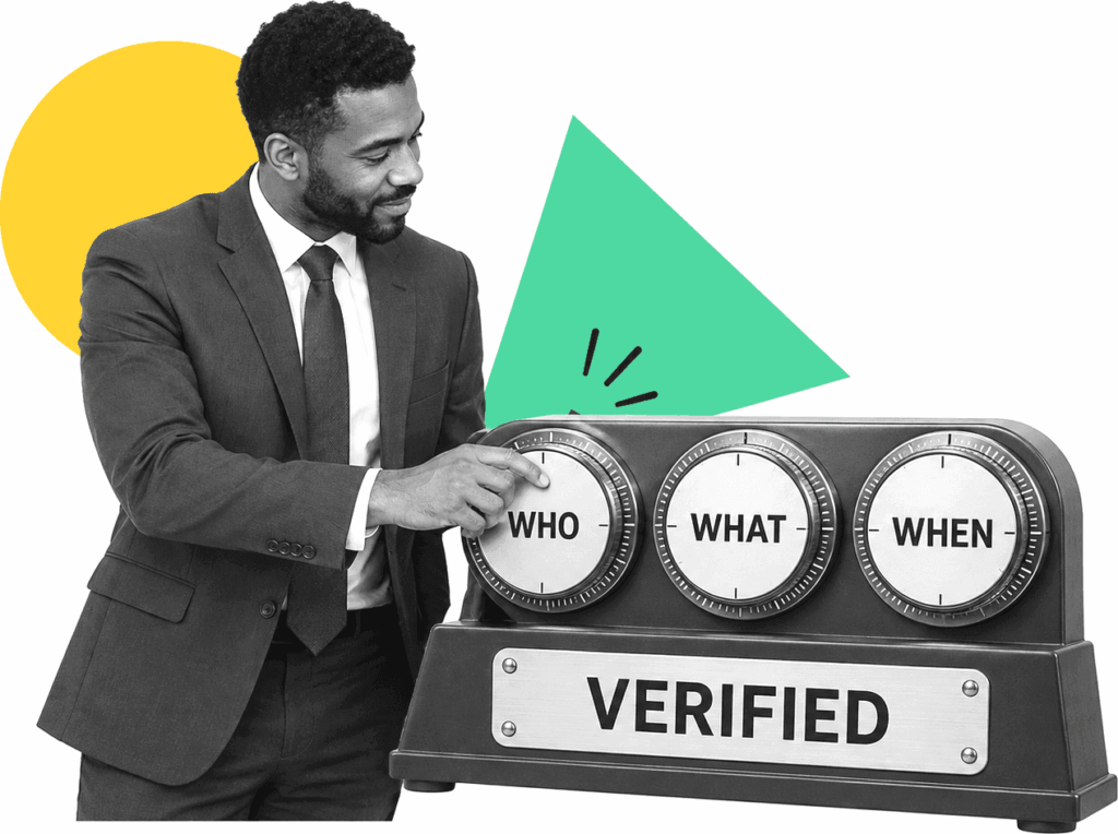 An advisor compliance lead turns labeled who, what, and when dials on an evidence lock.