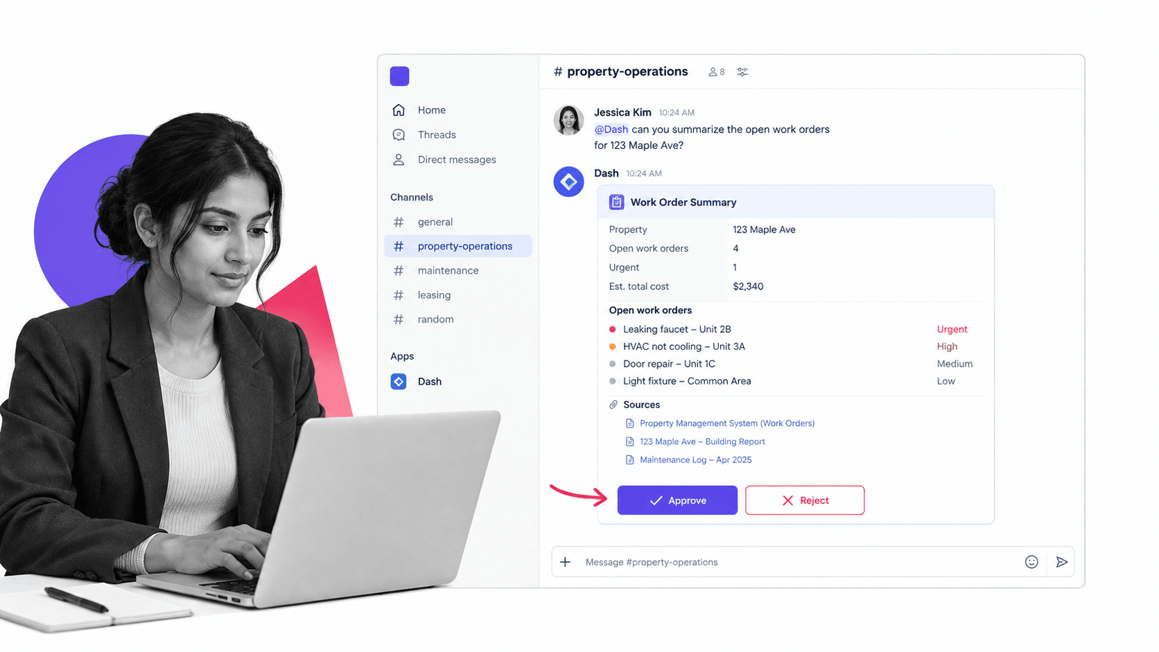 Dash, an AI agent for property management, a team chat channel with a work order summary and an approval control