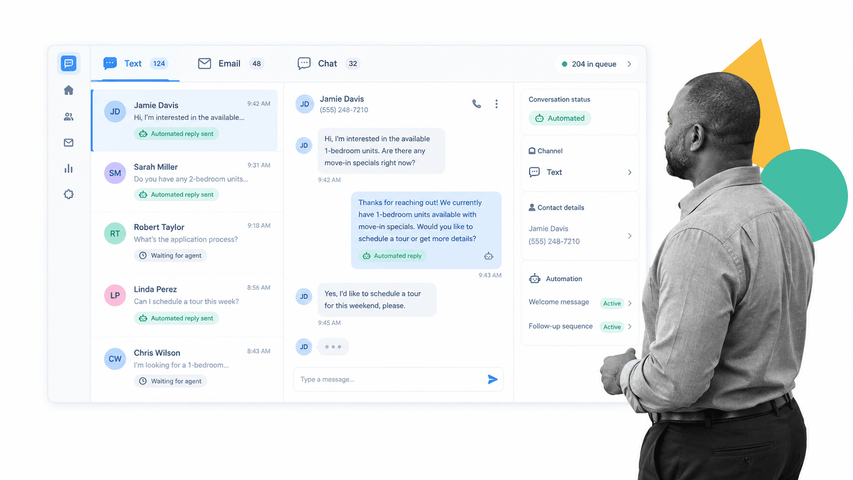 EliseAI product interface, a multi channel resident and prospect conversation console