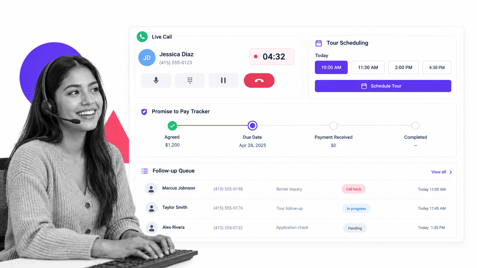 Zuma product interface, a leasing call and follow up console with a promise to pay tracker