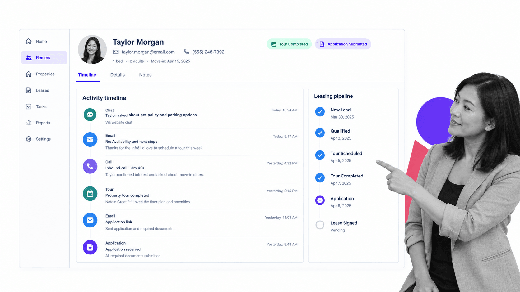 Funnel product interface, a unified renter record beside a prospect pipeline column
