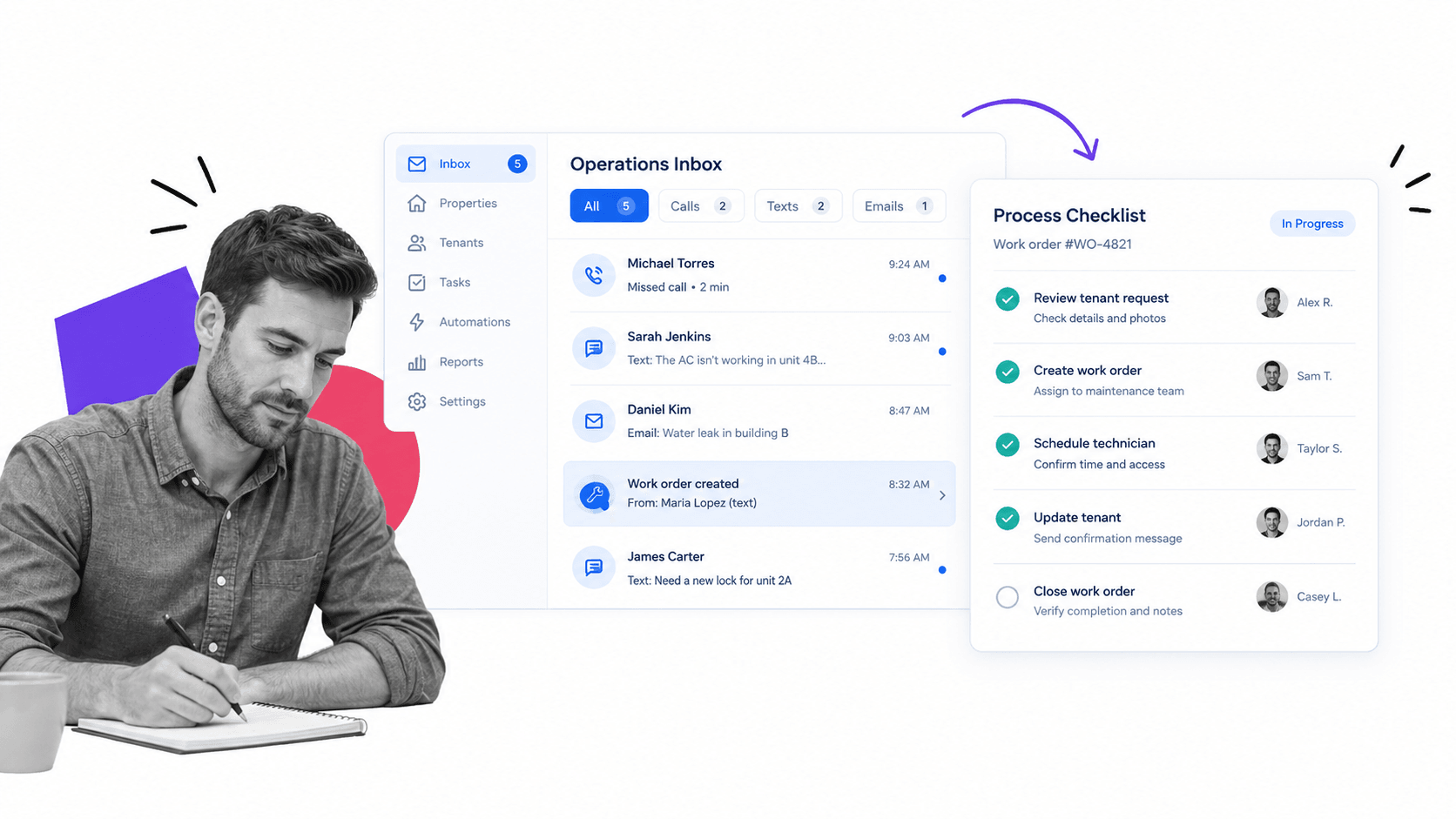 LeadSimple product interface, a shared operations inbox beside a process checklist with owners