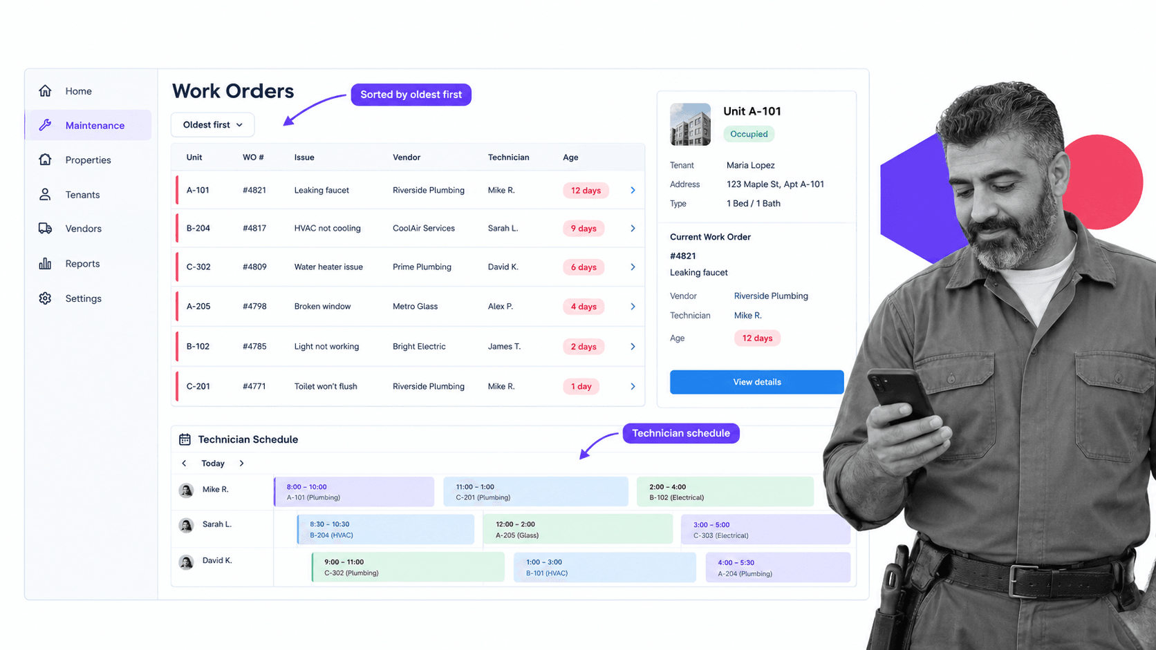 Property Meld product interface, a maintenance work order queue sorted oldest first