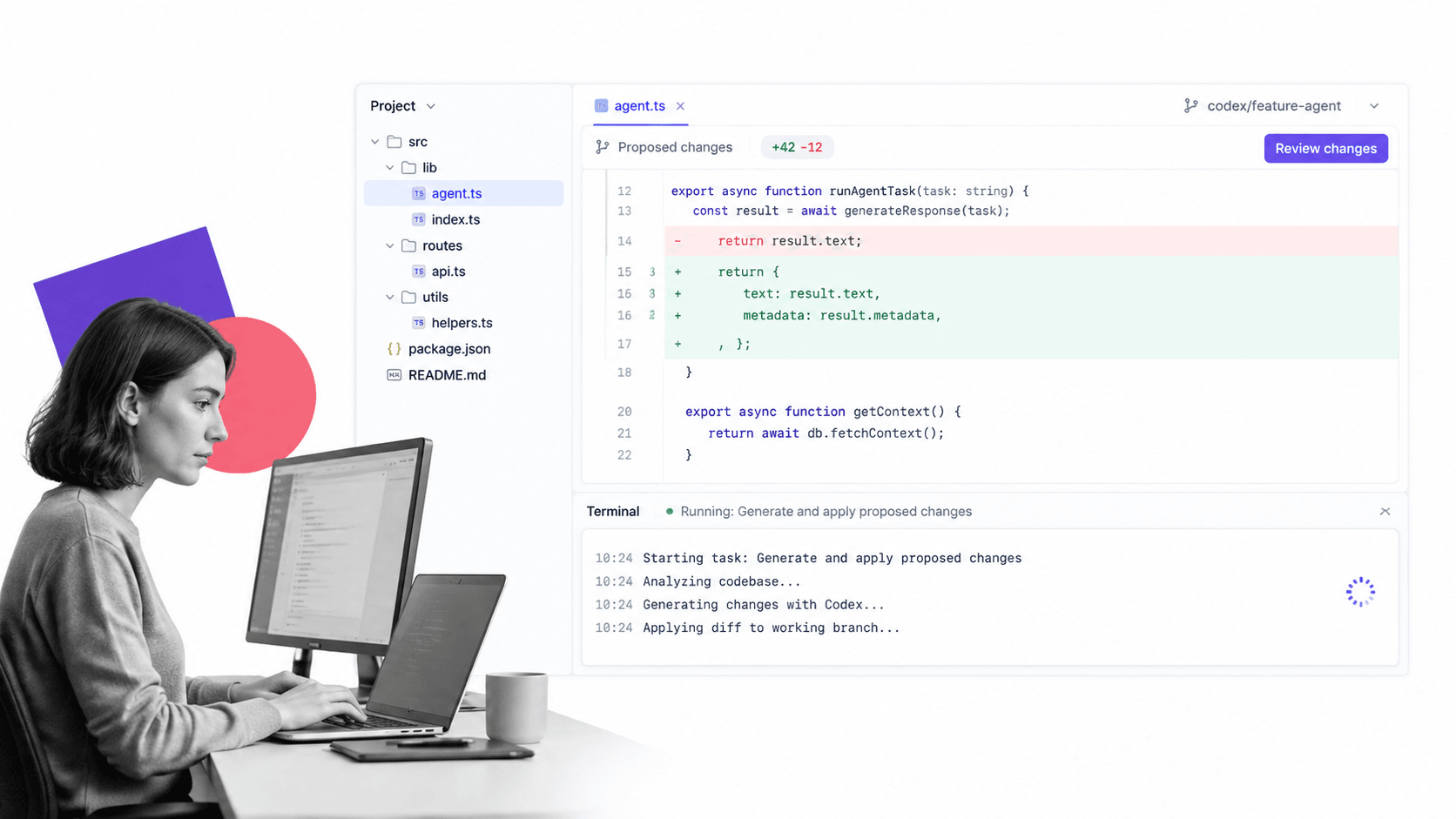 OpenAI Codex product interface, a code editor with a diff view and a terminal running a task