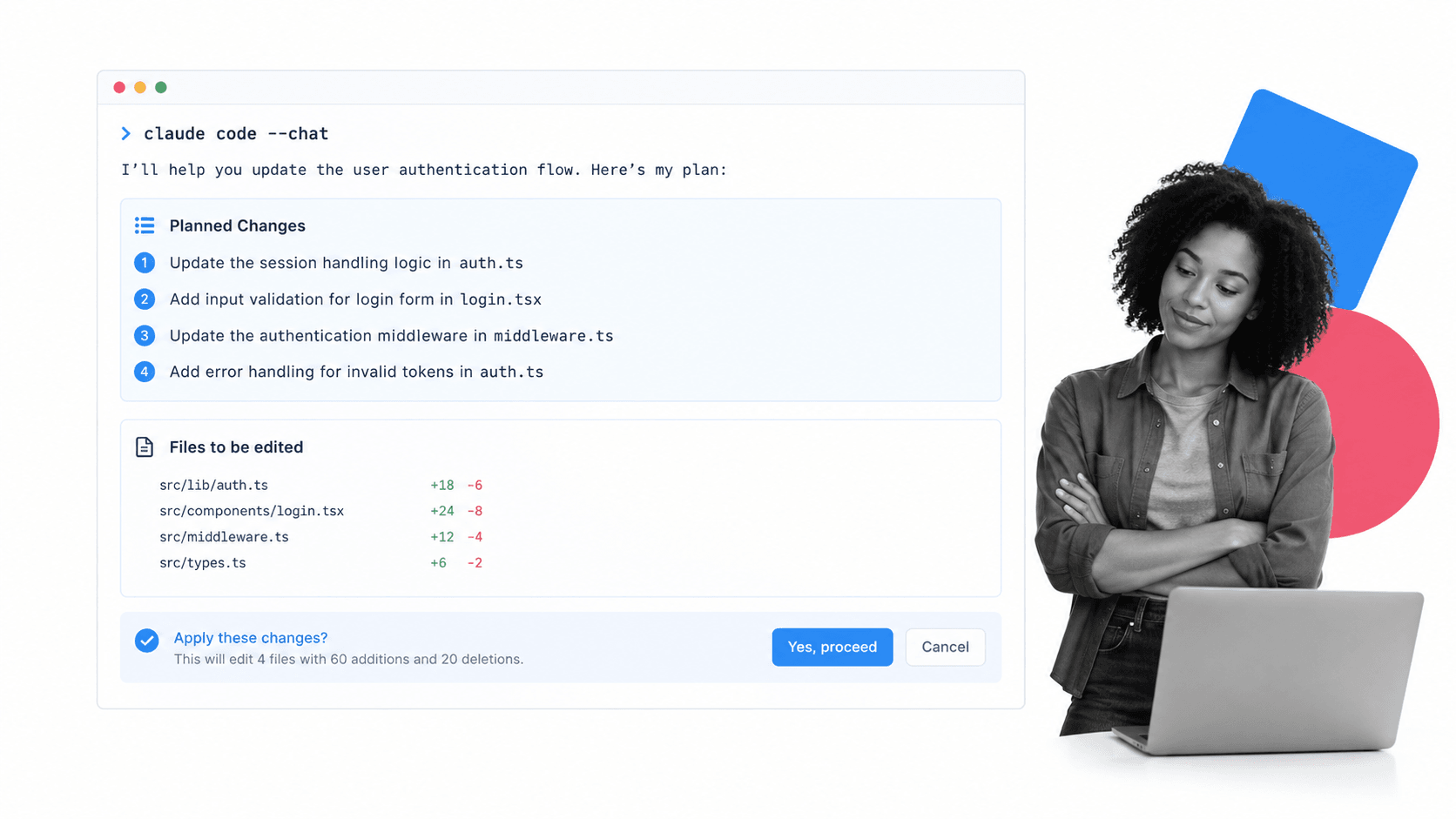 Claude Code product interface, a terminal agent session showing a plan before any edit is applied