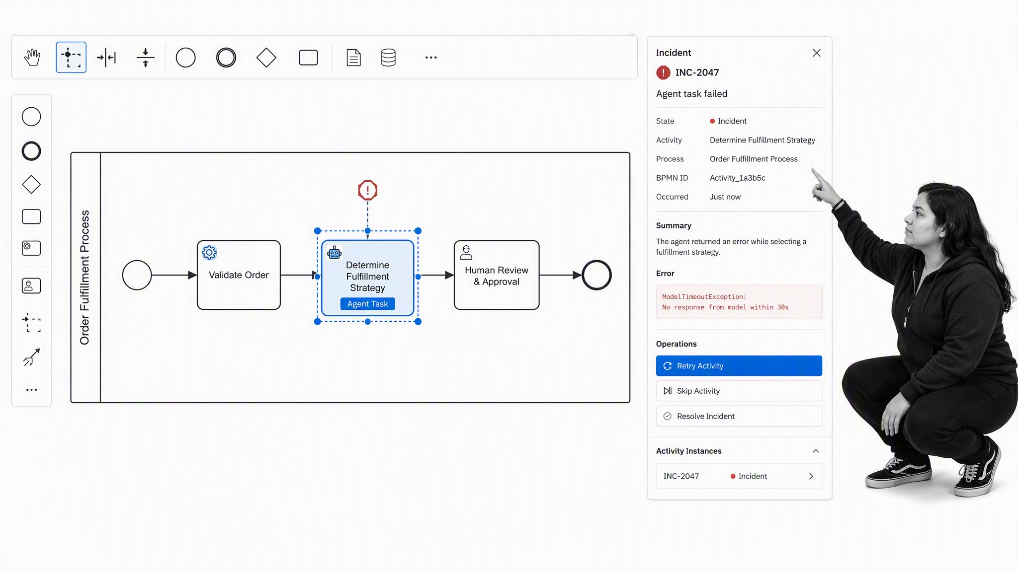 Camunda BPMN agentic orchestration model with an agent task, human approval, and incident controls