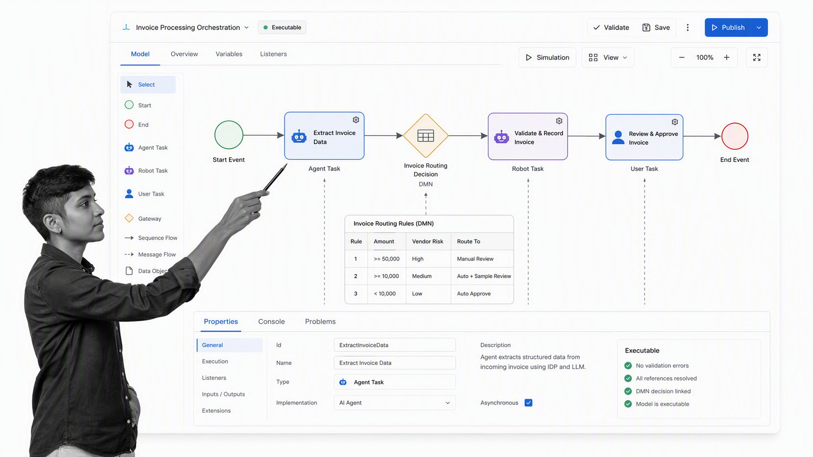 UiPath Maestro BPMN orchestration model connecting AI agents, robots, people, and decision rules