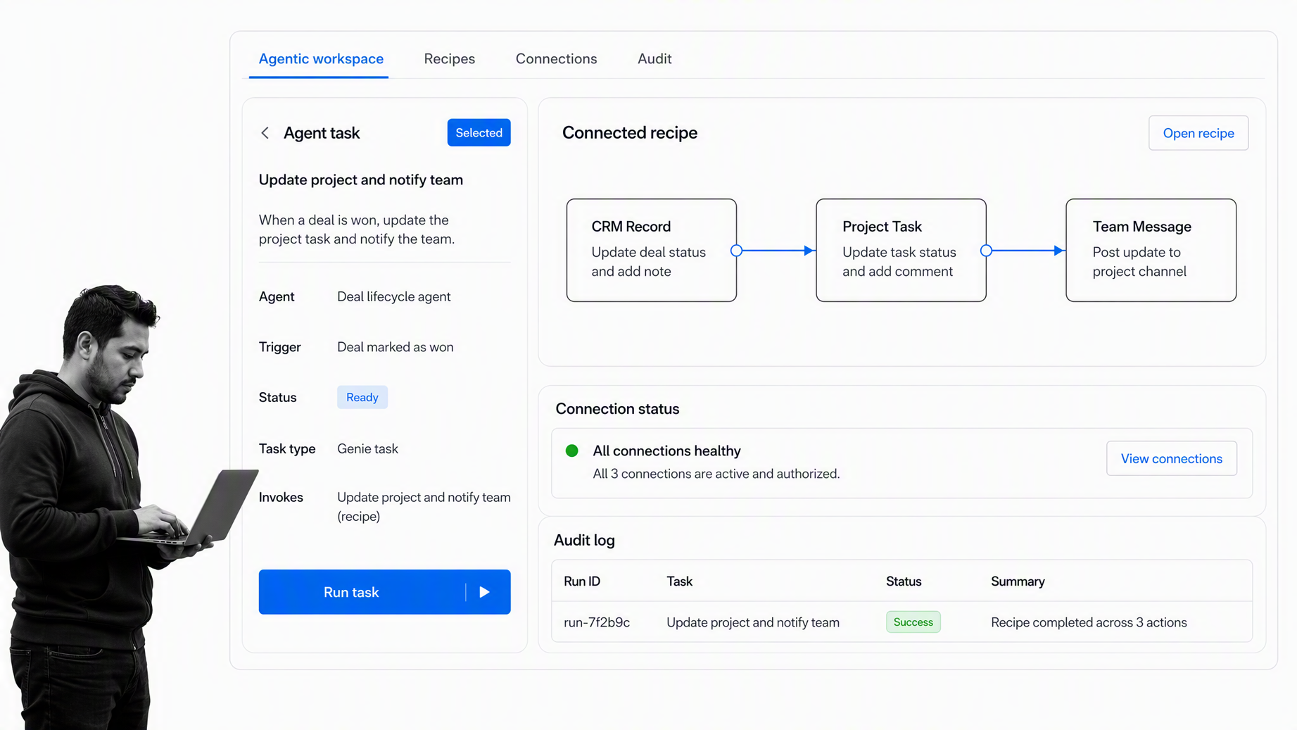 Workato low-code agent workflow connecting reasoning steps with governed application actions