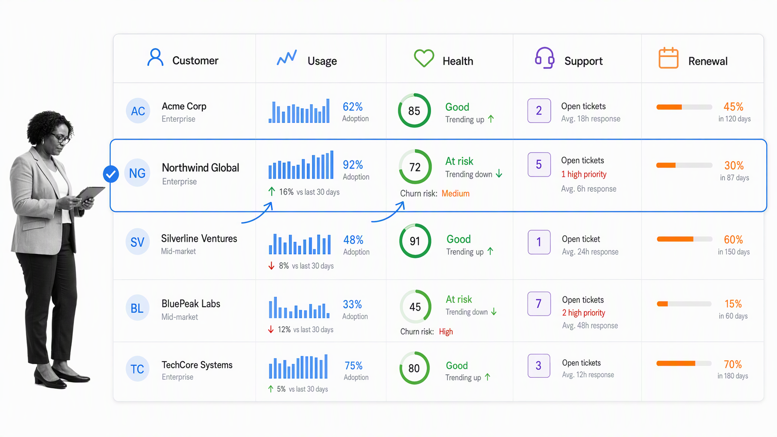 Unified customer profile connecting usage, health, support, and renewal context