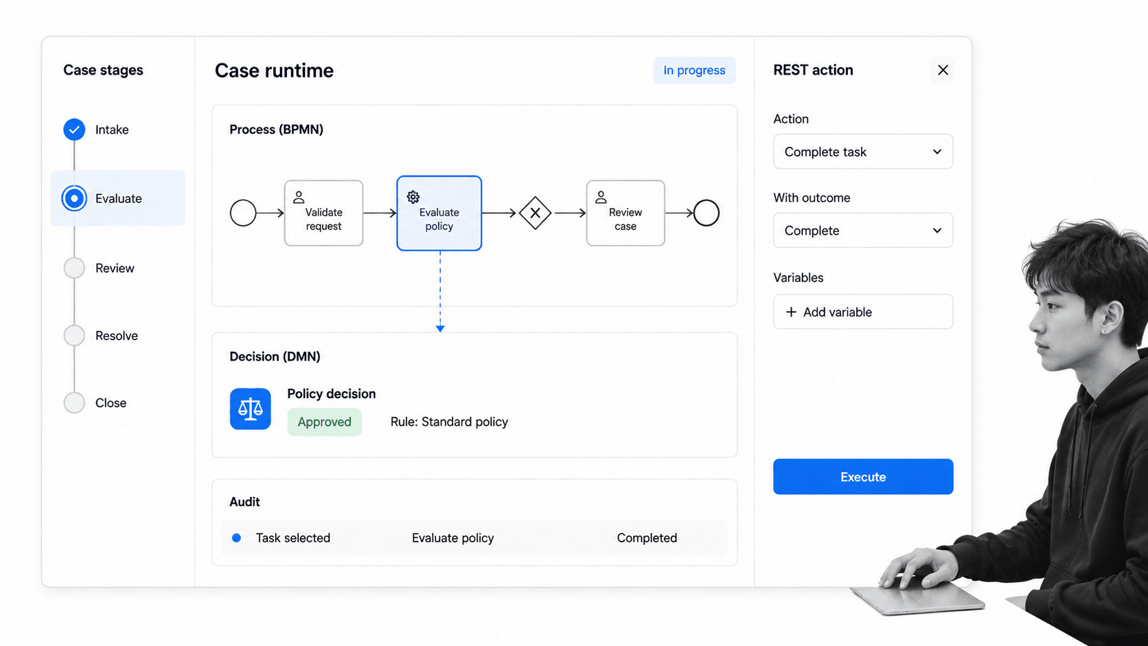 Flowable case and process runtime for headless BPM execution
