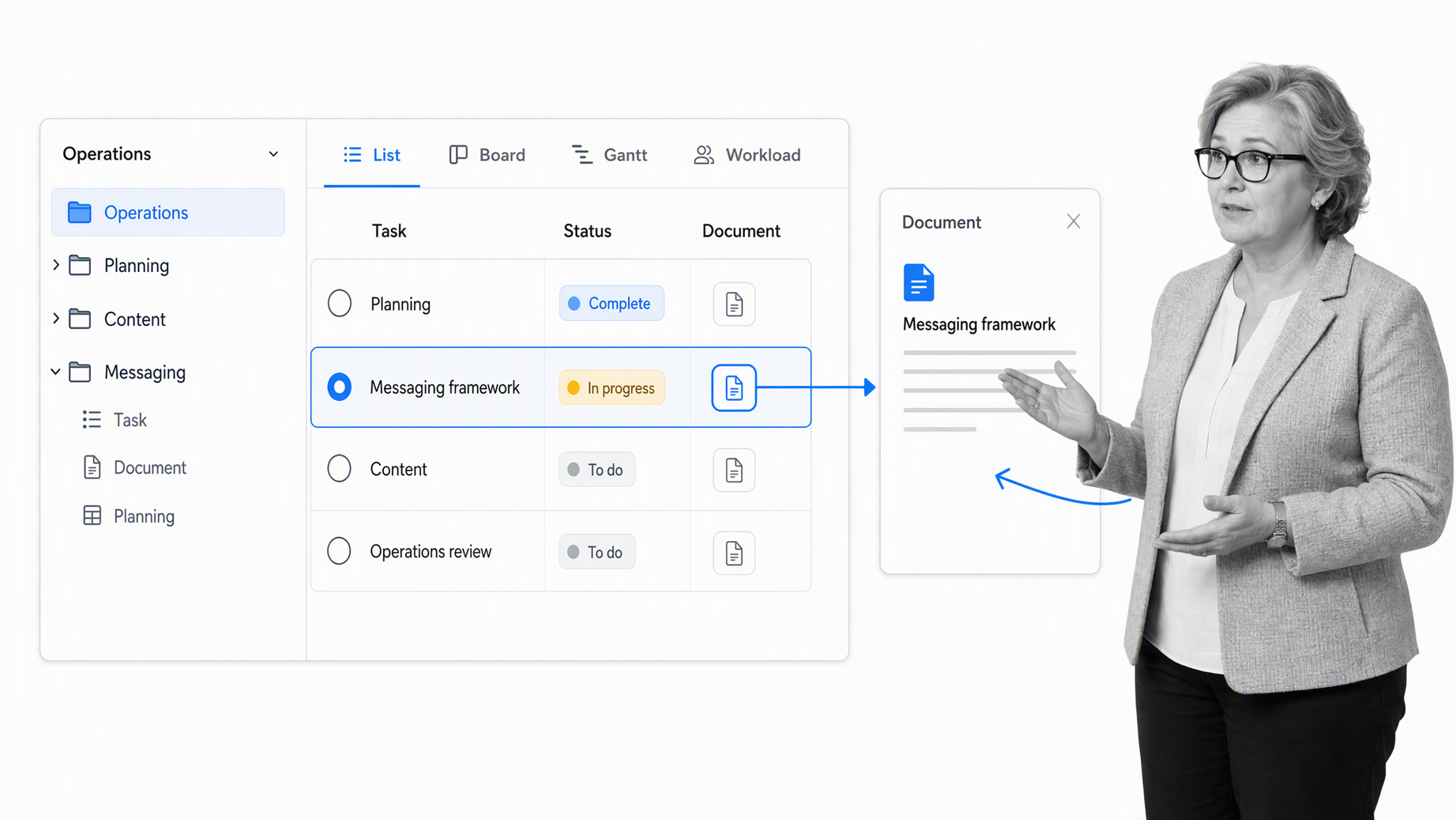 ClickUp project workspace with hierarchy, list view, linked document, and multiple view tabs