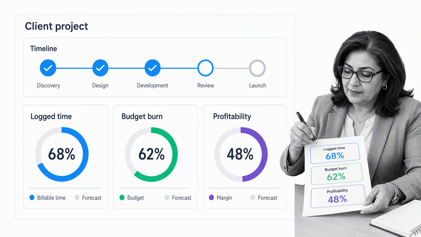 Teamwork client project dashboard connecting tasks, time, budget, and profitability