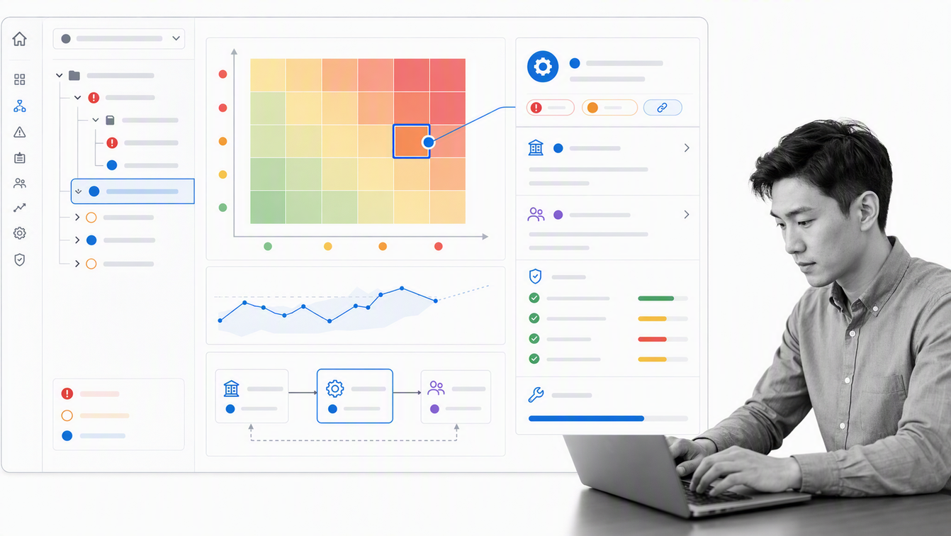 Riskonnect operational risk dashboard linking a selected risk to controls and remediation