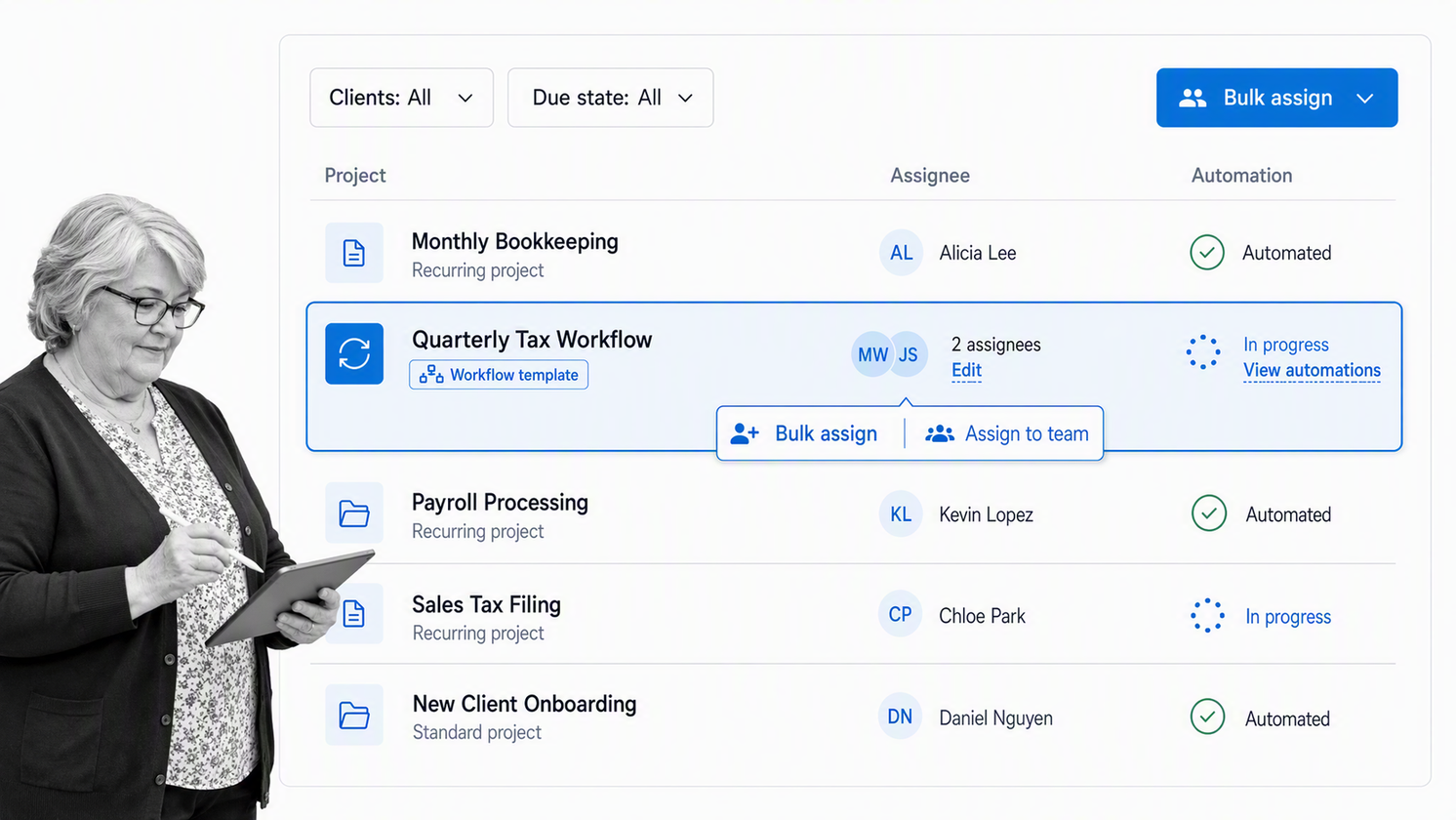Canopy firm workflow dashboard showing a recurring tax project and staff assignment