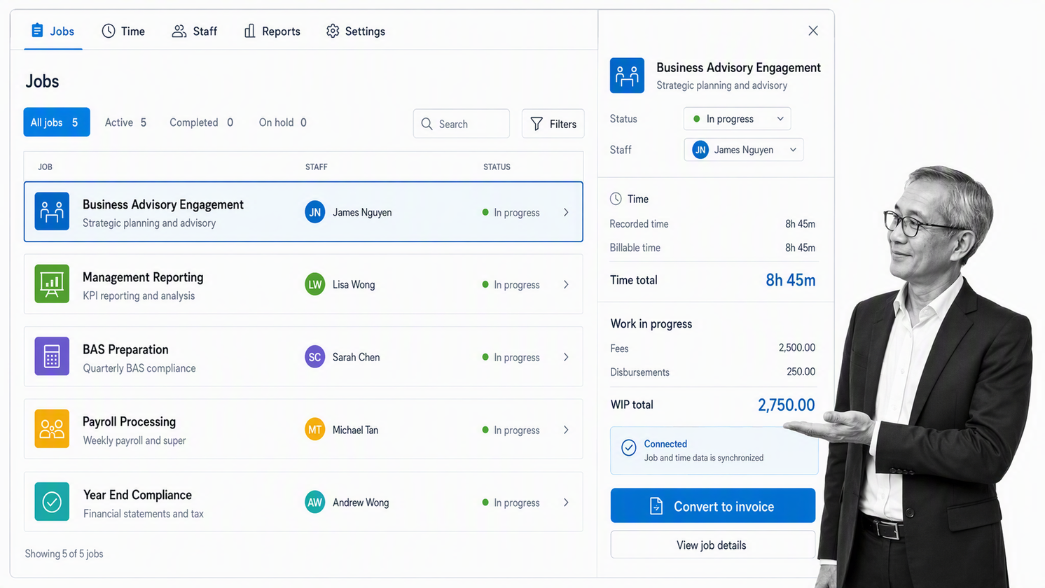 Xero Practice Manager job view with time, work in progress, and invoice handoff