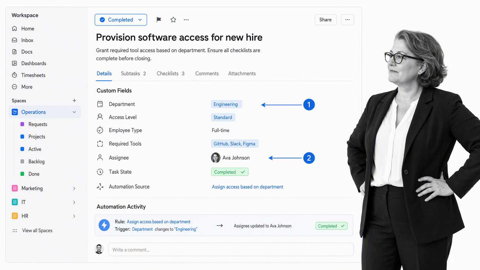 ClickUp task detail showing custom fields, a dynamic assignee, and automation activity