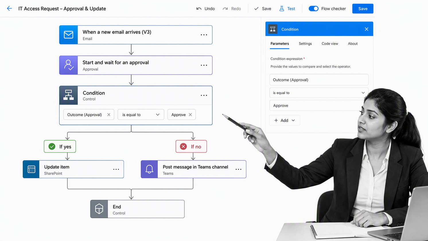 Microsoft Power Automate cloud flow with email trigger, approval condition, and SharePoint record update
