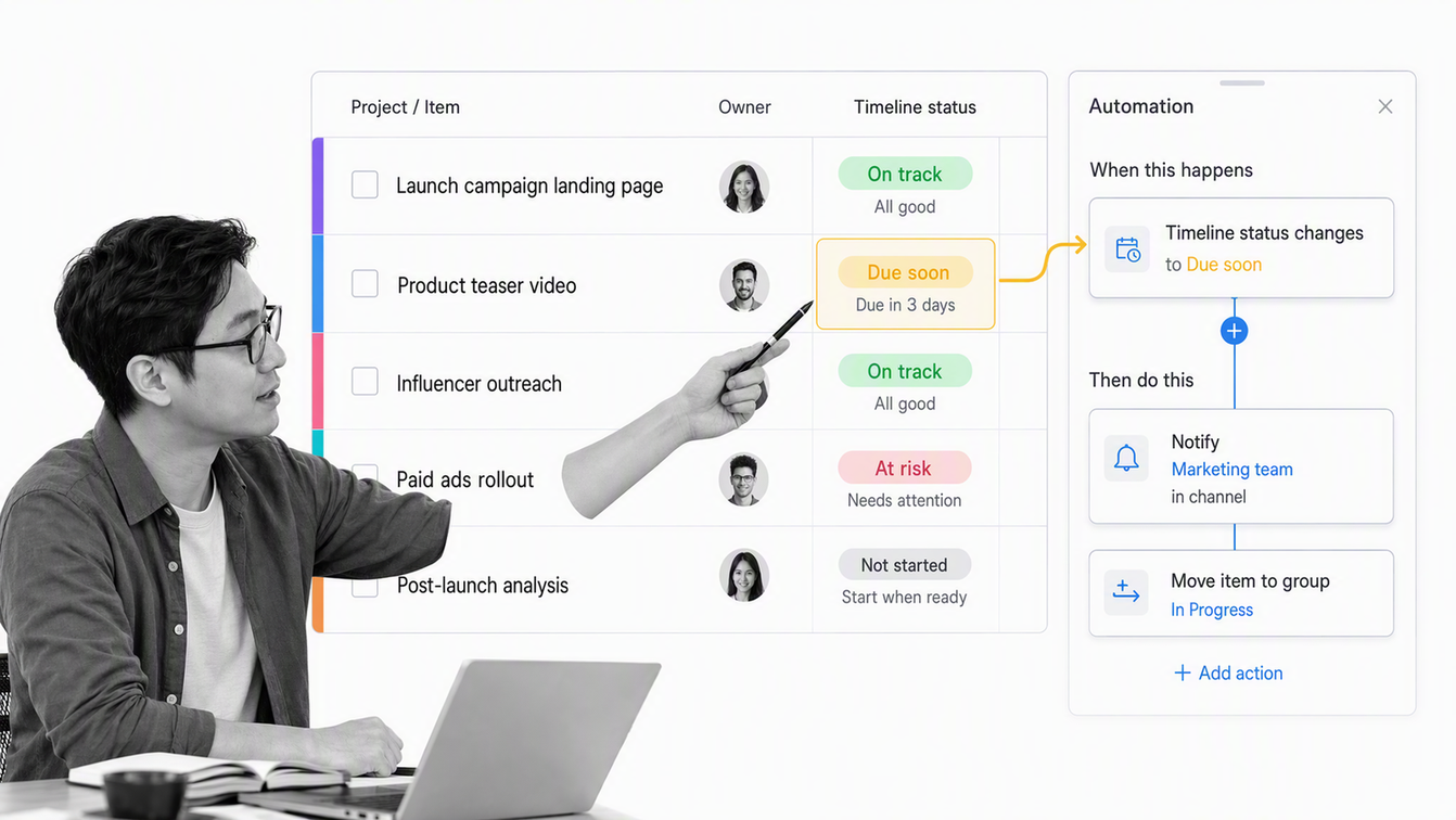 monday.com board with status columns, owners, dates, and a connected automation recipe